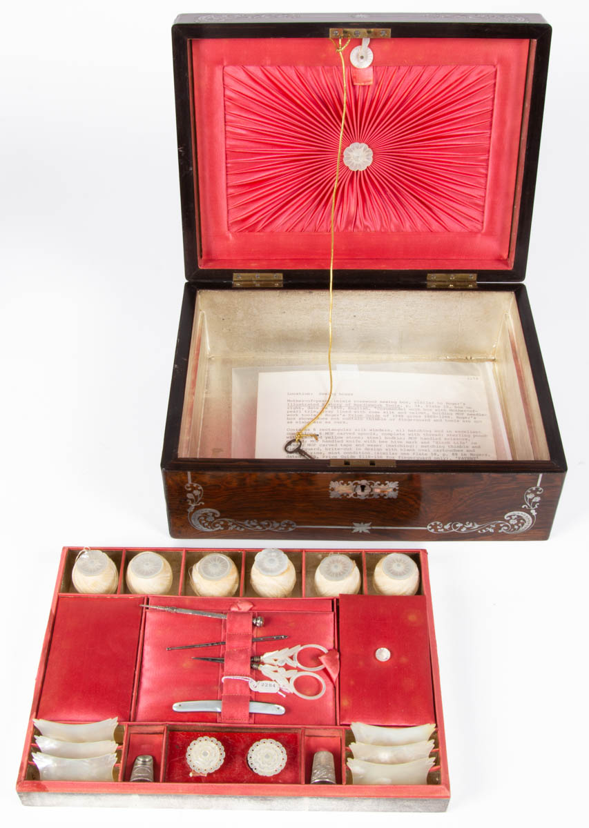 ENGLISH COROMANDEL ROSEWOOD AND MOTHER-OF-PEARL INLAY SEWING BOX / WORK BOX WITH NEEDLEWORKING TOOLS