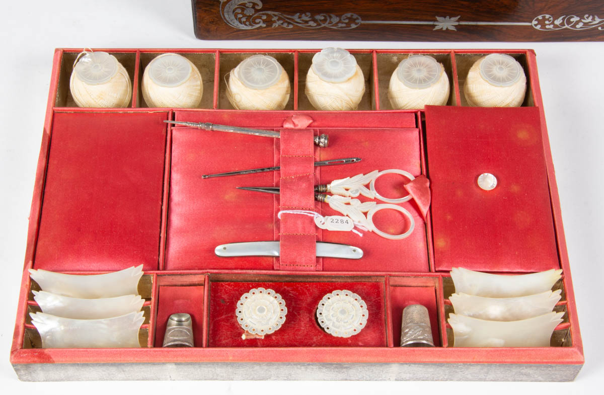 ENGLISH COROMANDEL ROSEWOOD AND MOTHER-OF-PEARL INLAY SEWING BOX / WORK BOX WITH NEEDLEWORKING TOOLS