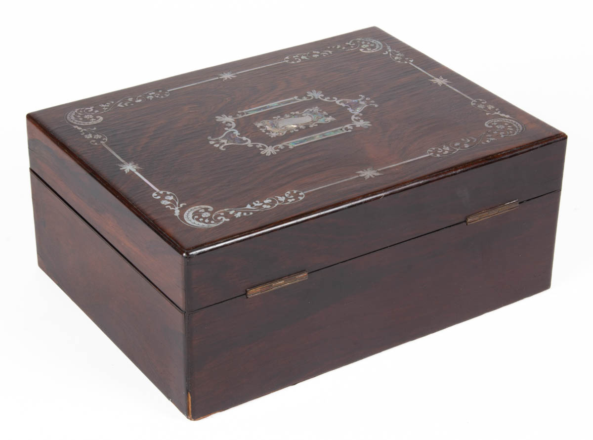 ENGLISH COROMANDEL ROSEWOOD AND MOTHER-OF-PEARL INLAY SEWING BOX / WORK BOX WITH NEEDLEWORKING TOOLS