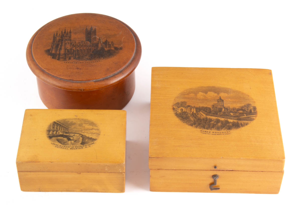 ASSORTED MAUCHLINE WARE SOUVENIRED SEWING BOXES / CONTAINERS, LOT OF THREE
