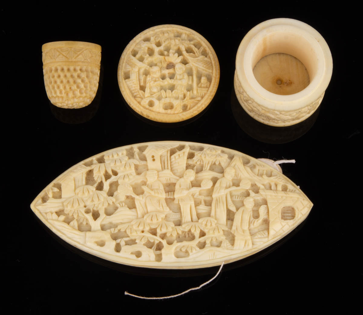 ASSORTED CHINESE DEEP CARVED BONE SEWING CONTAINERS / TOOLS, LOT OF FIVE