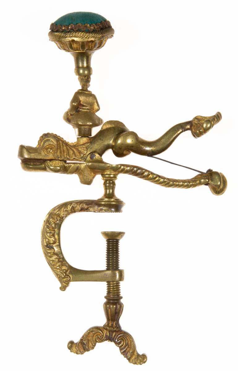 GILT CAST-BRASS DOLPHIN / DRAGON SERPENT FIGURAL SEWING CLAMP WITH PIN CUSHION