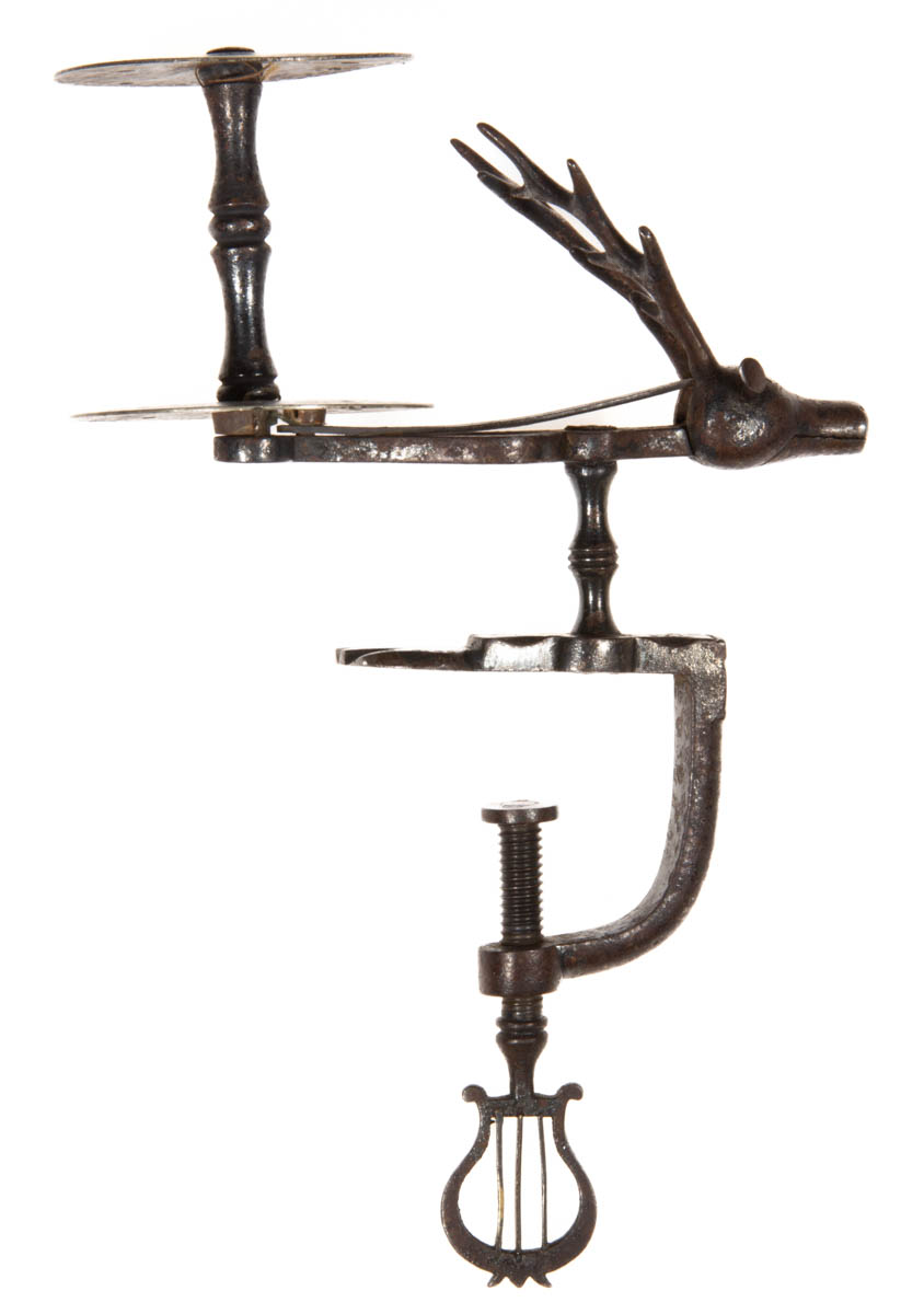 SIGNED CH. W. BONTGEN & CO. STEEL AND IRON REINDEER HEAD / STAG FIGURAL SEWING CLAMP WITH WINDER