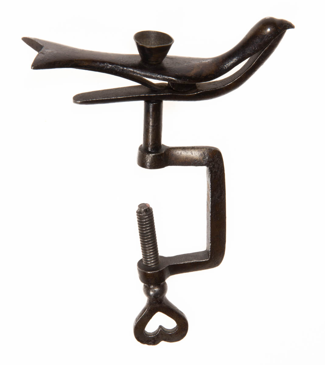 CAST-IRON FIGURAL SEWING BIRD CLAMP WITH PINCUSHION HOLDER