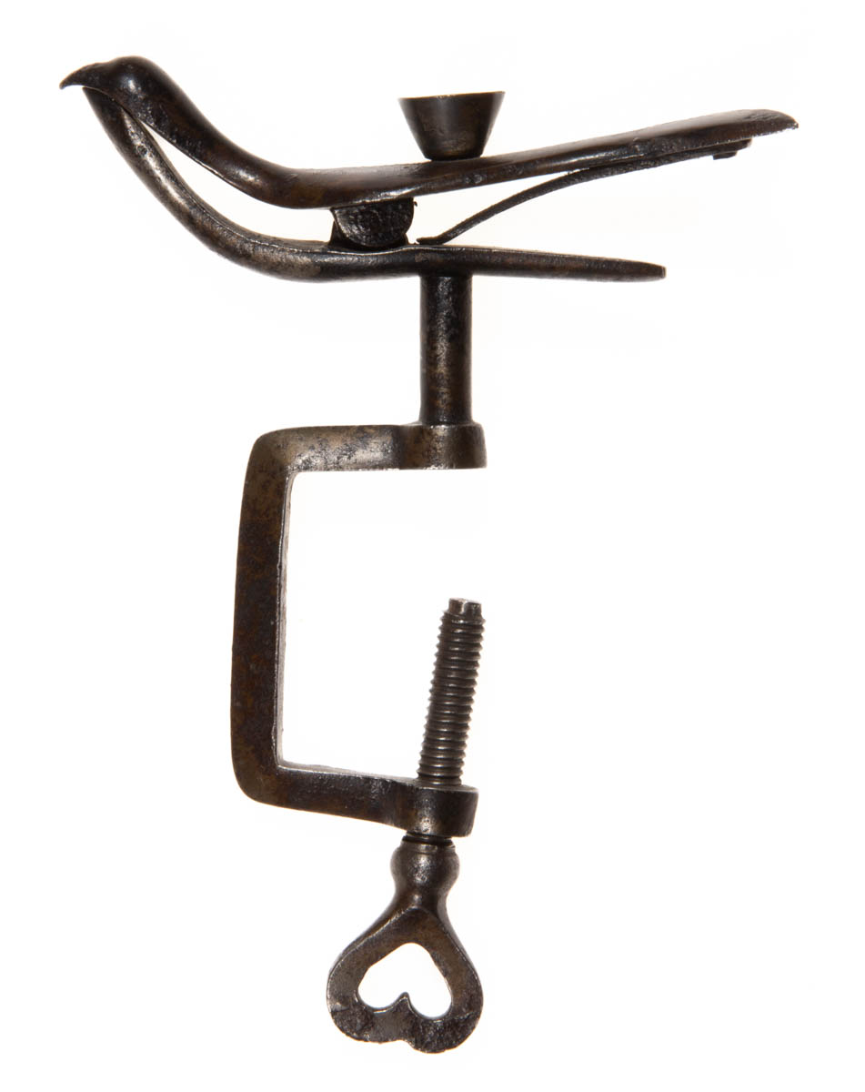 CAST-IRON FIGURAL SEWING BIRD CLAMP WITH PINCUSHION HOLDER