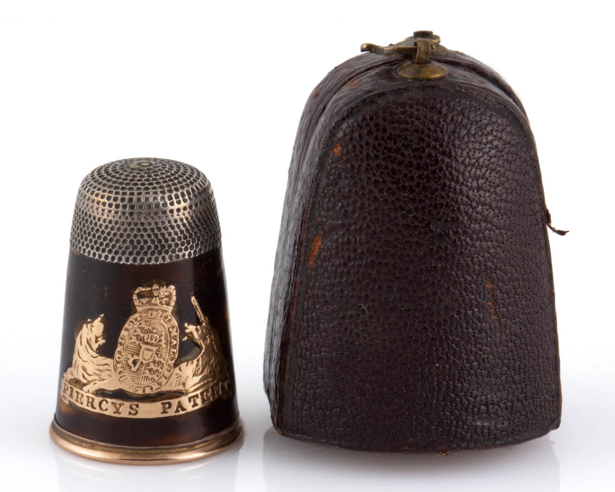RARE ENGLISH REGENCY ROSE GOLD AND SHELL “PIERCY’S PATENT” SEWING THIMBLE