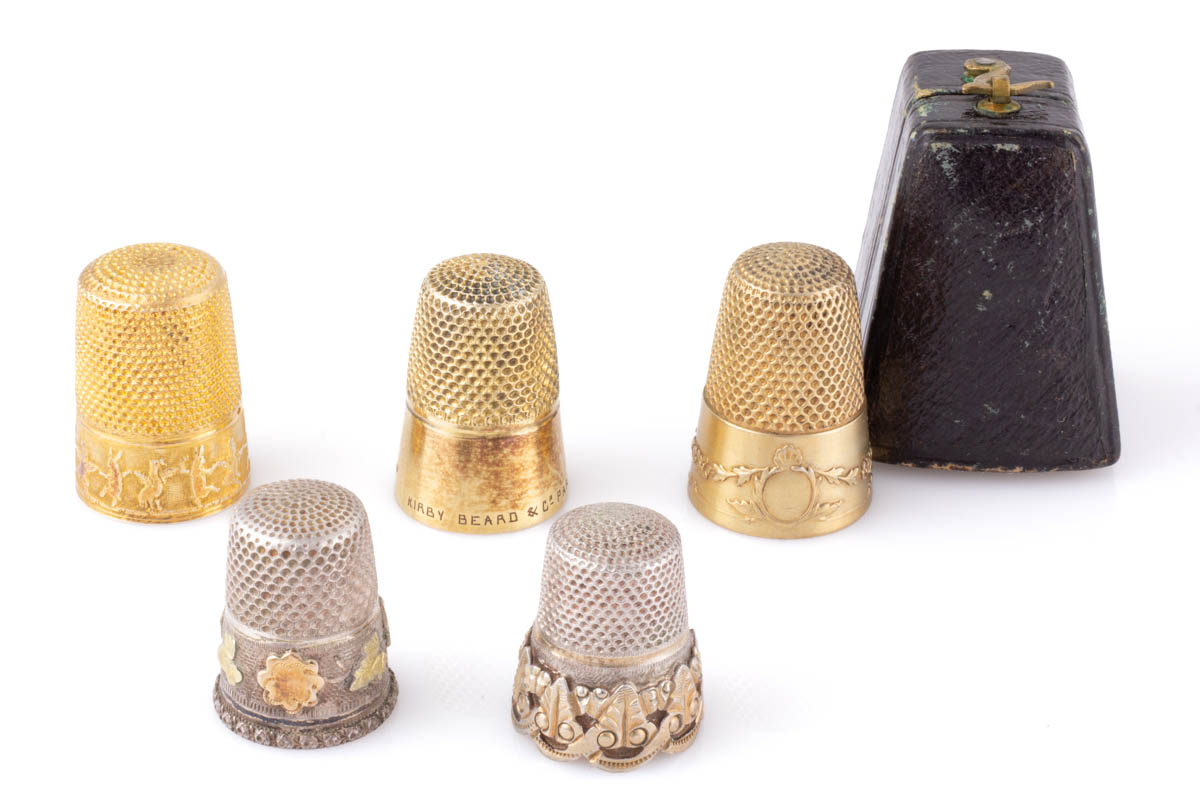 ASSORTED FRENCH SILVER WITH GOLD / GILT SEWING THIMBLES, LOT OF FIVE