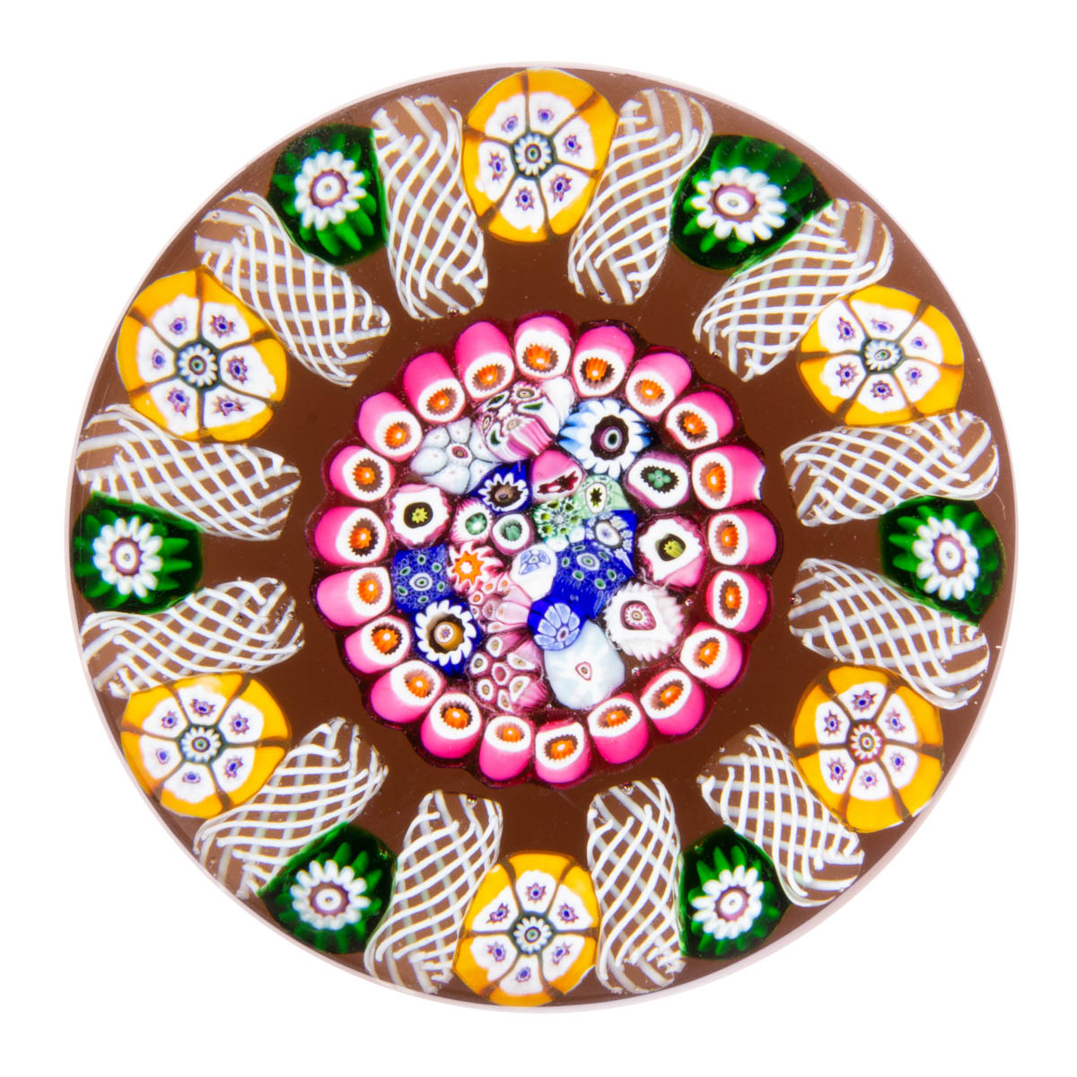 PAUL YSART (SCOTTISH, 1904-1979) ATTRIBUTED CENTRAL-PACKED MILLEFIORI ART GLASS PAPERWEIGHT