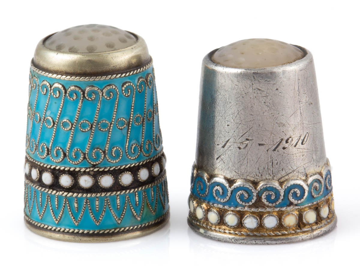 VARIOUS NORWEGIAN ENAMEL-DECORATED SILVER SEWING THIMBLES, LOT OF TWO