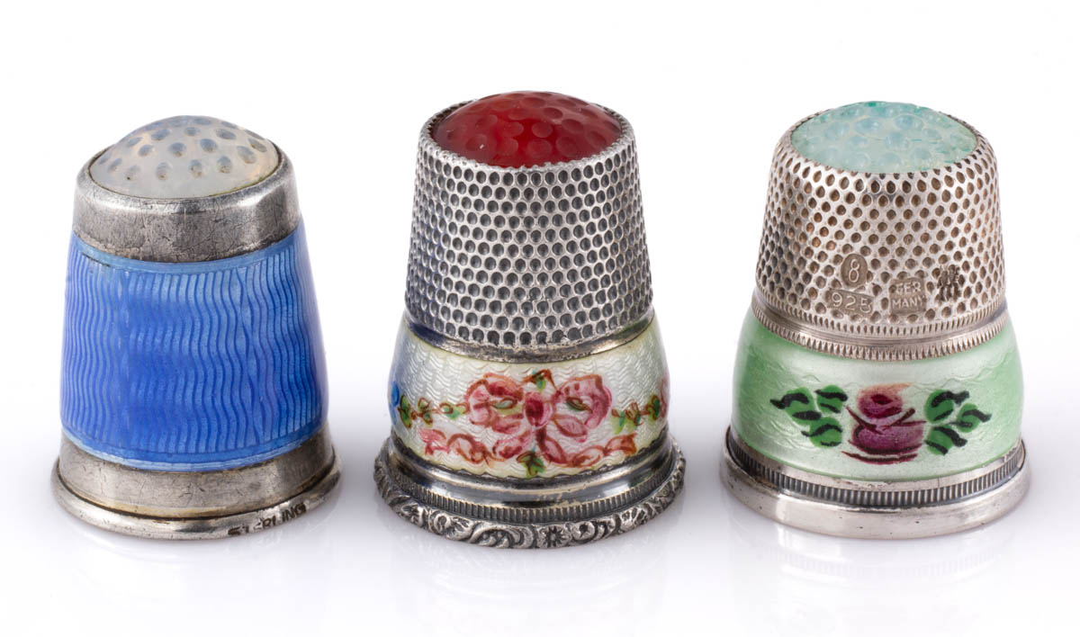 GERMAN ENAMELED SILVER SEWING THIMBLES, LOT OF THREE