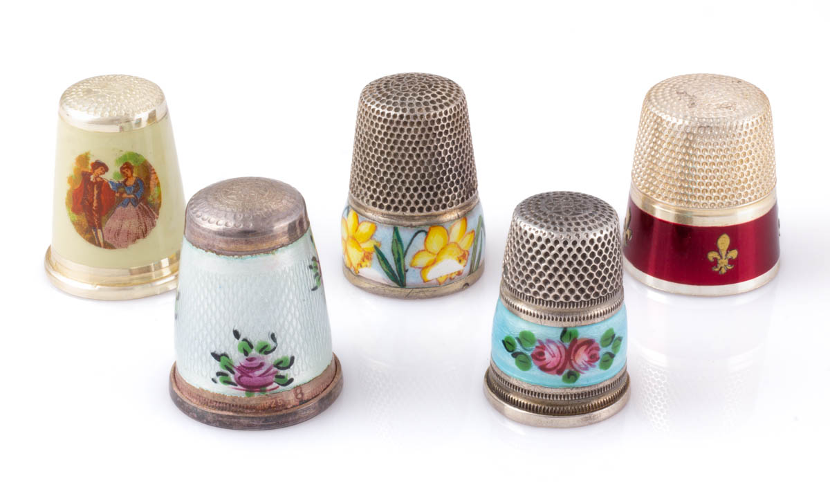 GERMAN ENAMEL ON SILVER SEWING THIMBLES, LOT OF FIVE