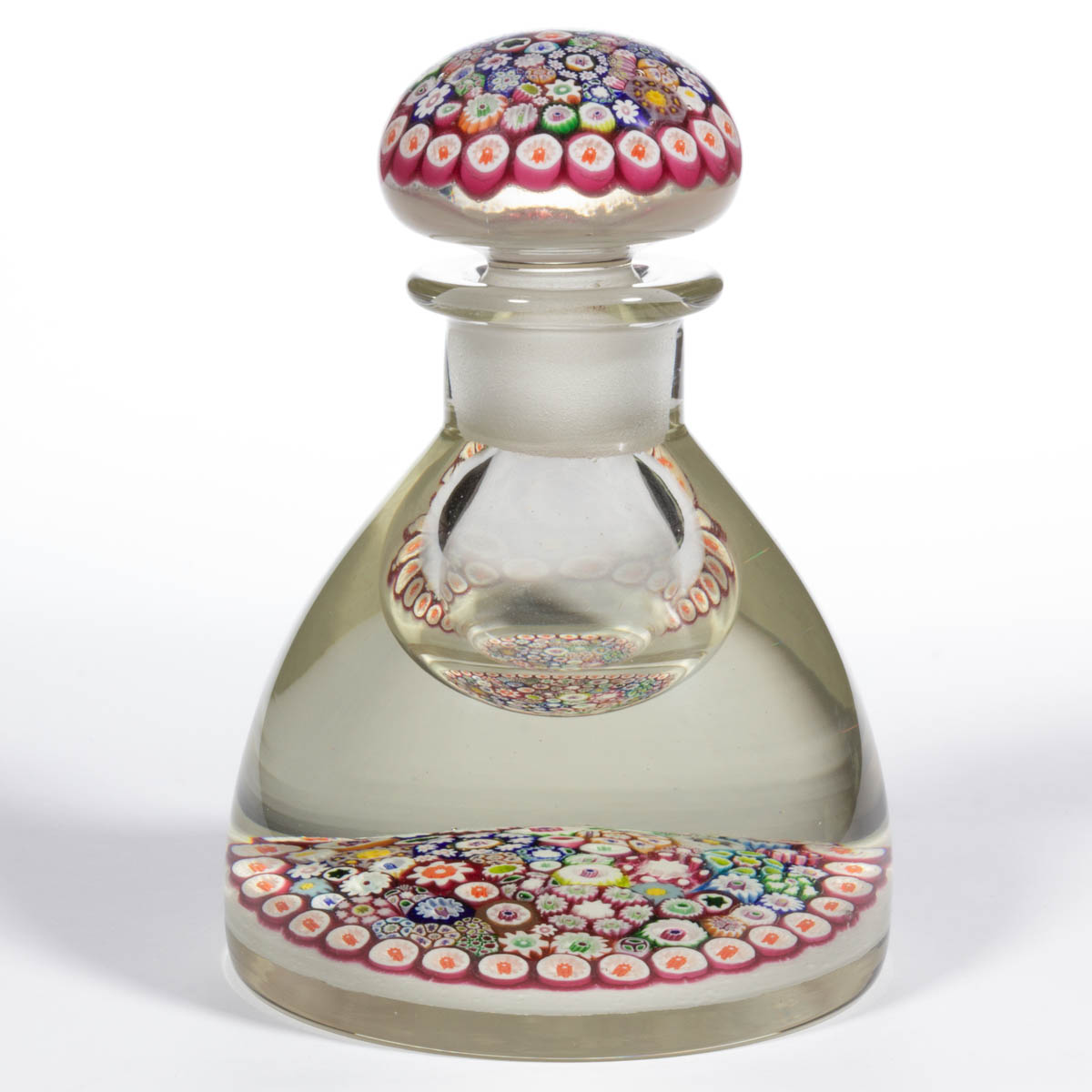 PAUL YSART (SCOTTISH, 1904-1979) ATTRIBUTED CLOSE-PACK MILLEFIORI ART GLASS PAPERWEIGHT INKWELL