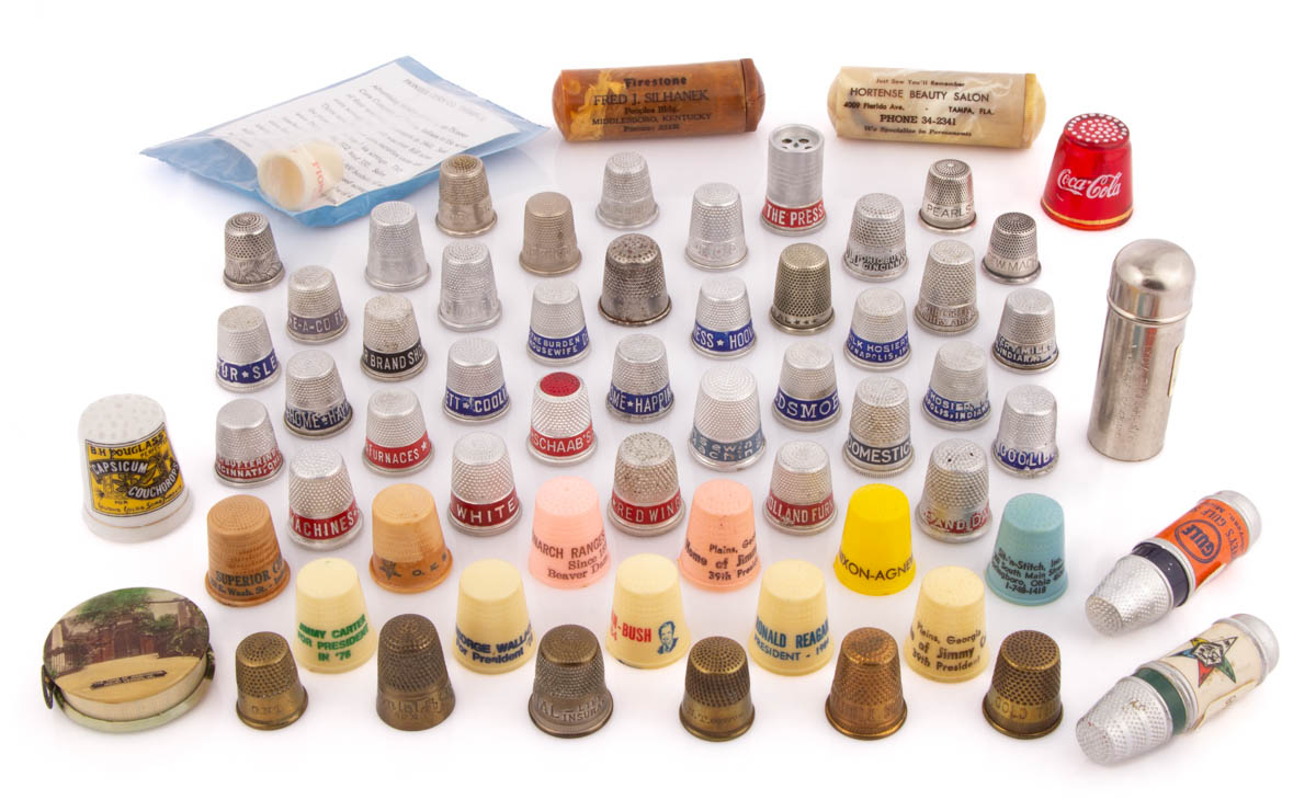 VARIOUS ADVERTISING AND POLITICAL SEWING THIMBLES