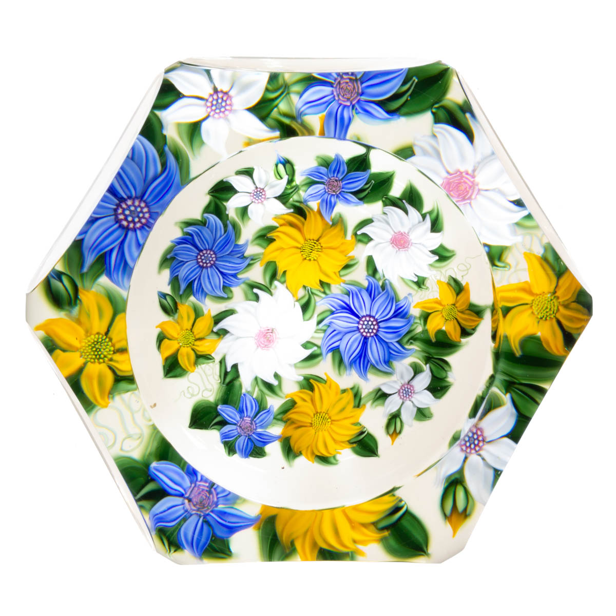RICHARD LOESEL (FRENCH, XX/XXI) 12-DAHLIA LAMPWORK STUDIO ART GLASS PAPERWEIGHT