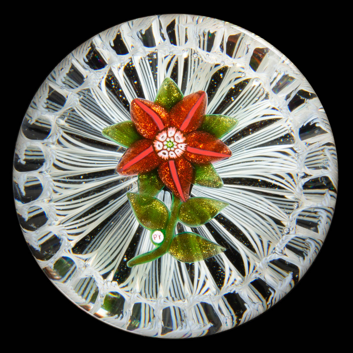 PAUL YSART (SCOTTISH, 1904-1979) SINGLE-FLOWER LAMPWORK ART GLASS PAPERWEIGHT