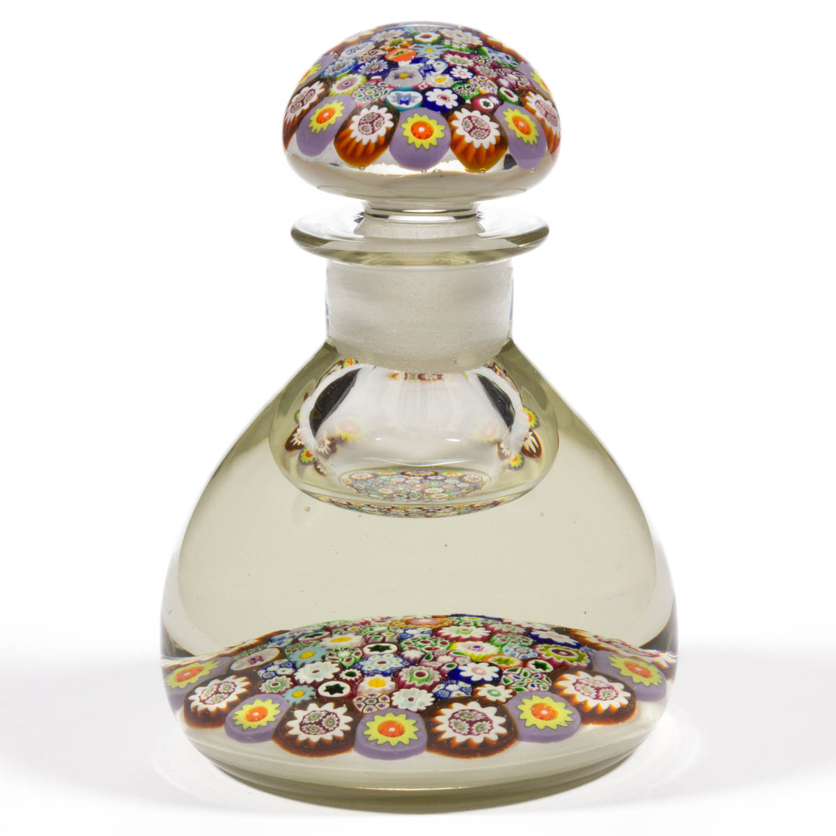 PAUL YSART (SCOTTISH, 1904-1979) ATTRIBUTED CLOSE-PACK MILLEFIORI ART GLASS PAPERWEIGHT INKWELL