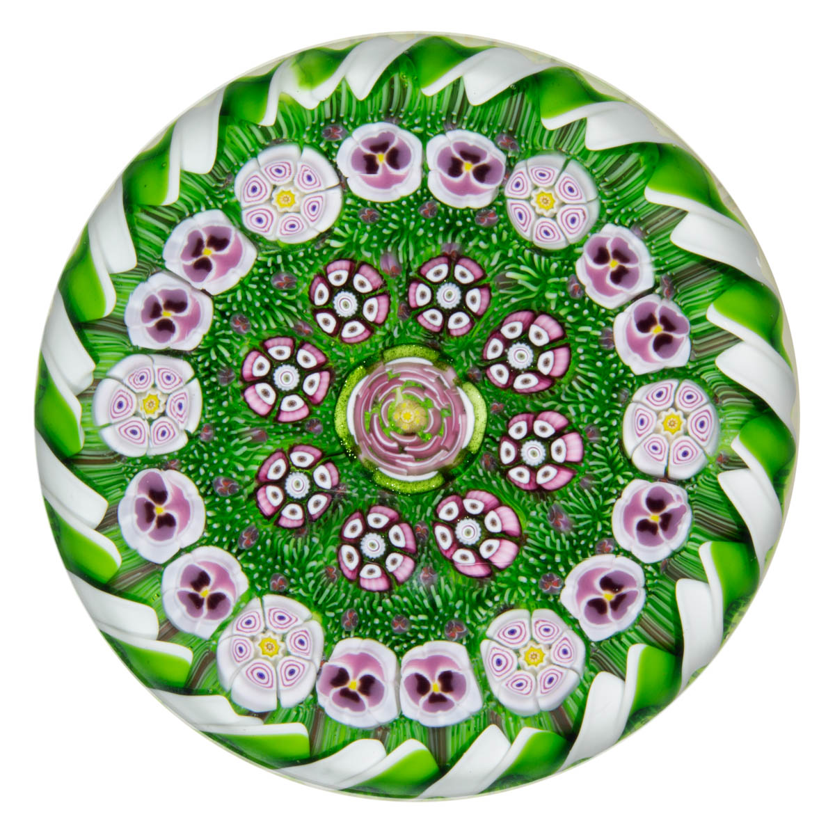 PARABELLE ARTIST PROOF CONCENTRIC MILLEFIORI AND TORSADE STUDIO ART GLASS PAPERWEIGHT