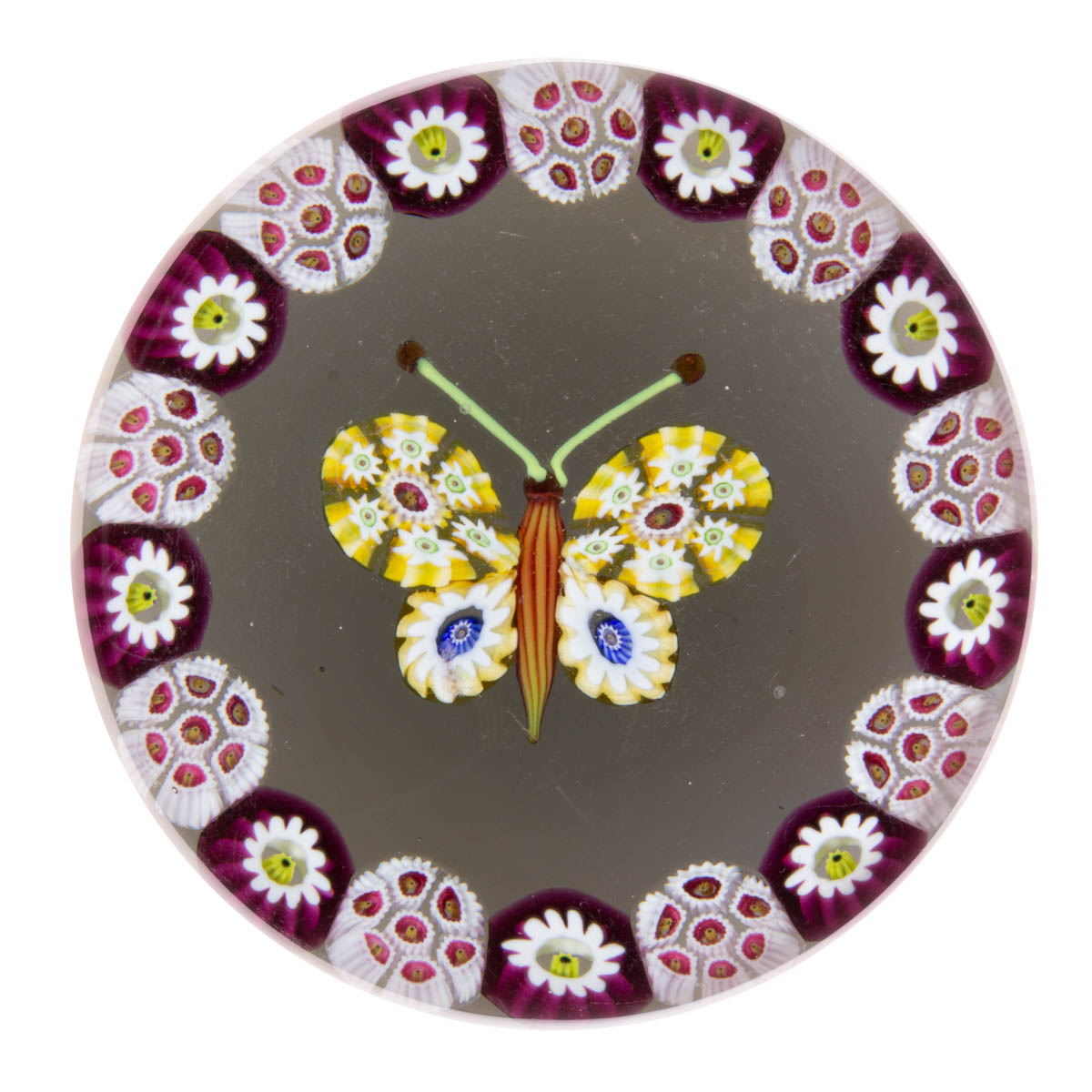 PAUL YSART (SCOTTISH, 1904-1979) ATTRIBUTED MILLEFIORI BUTTERFLY ART GLASS PAPERWEIGHT
