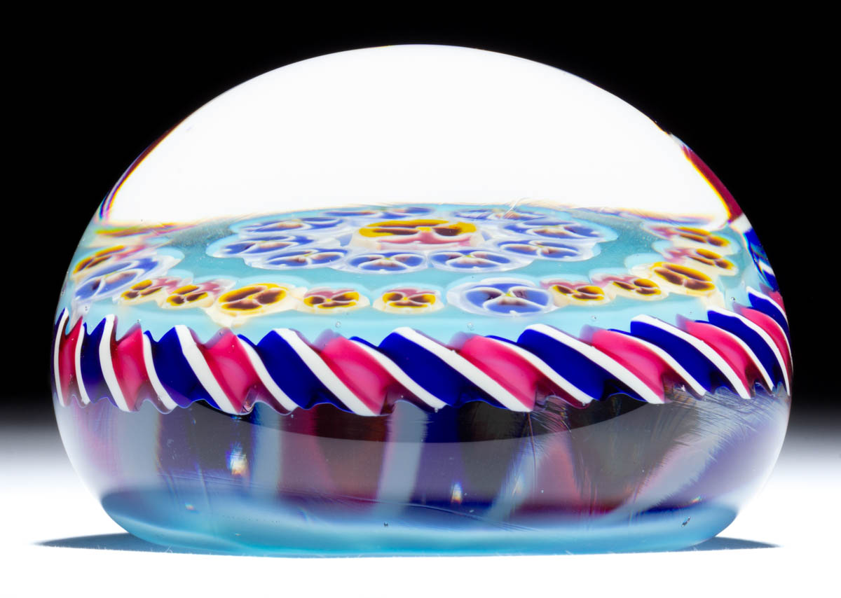 PARABELLE ARTIST PROOF PANSY CONCENTRIC MILLEFIORI STUDIO ART GLASS PAPERWEIGHT