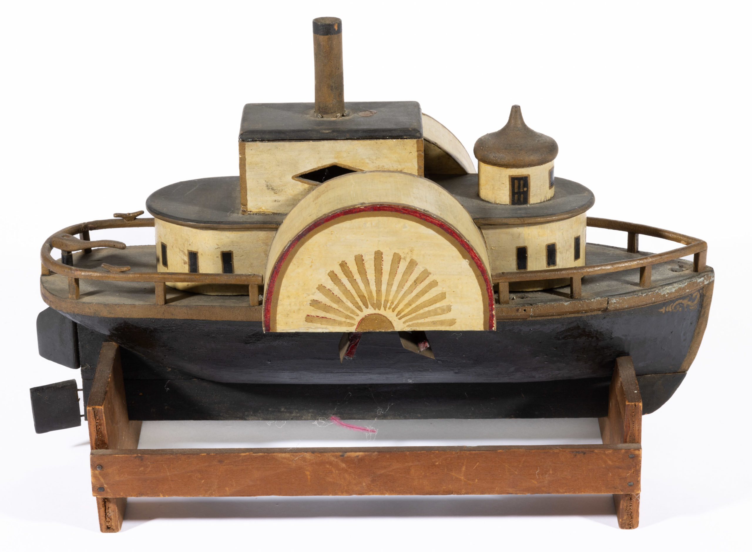 AMERICAN PAINTED WOOD AND TIN STEAM-POWERED PADDLEWHEEL SHIP TOY,