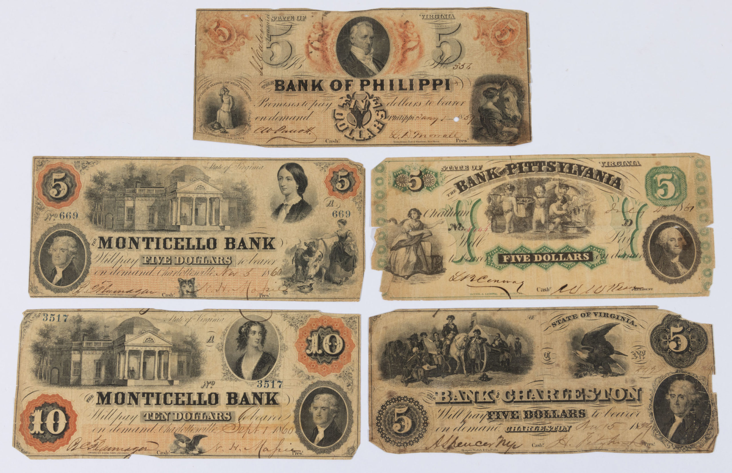 ASSORTED VIRGINIA OBSOLETE / CIVIL WAR CURRENCY / NOTES, LOT OF FIVE,