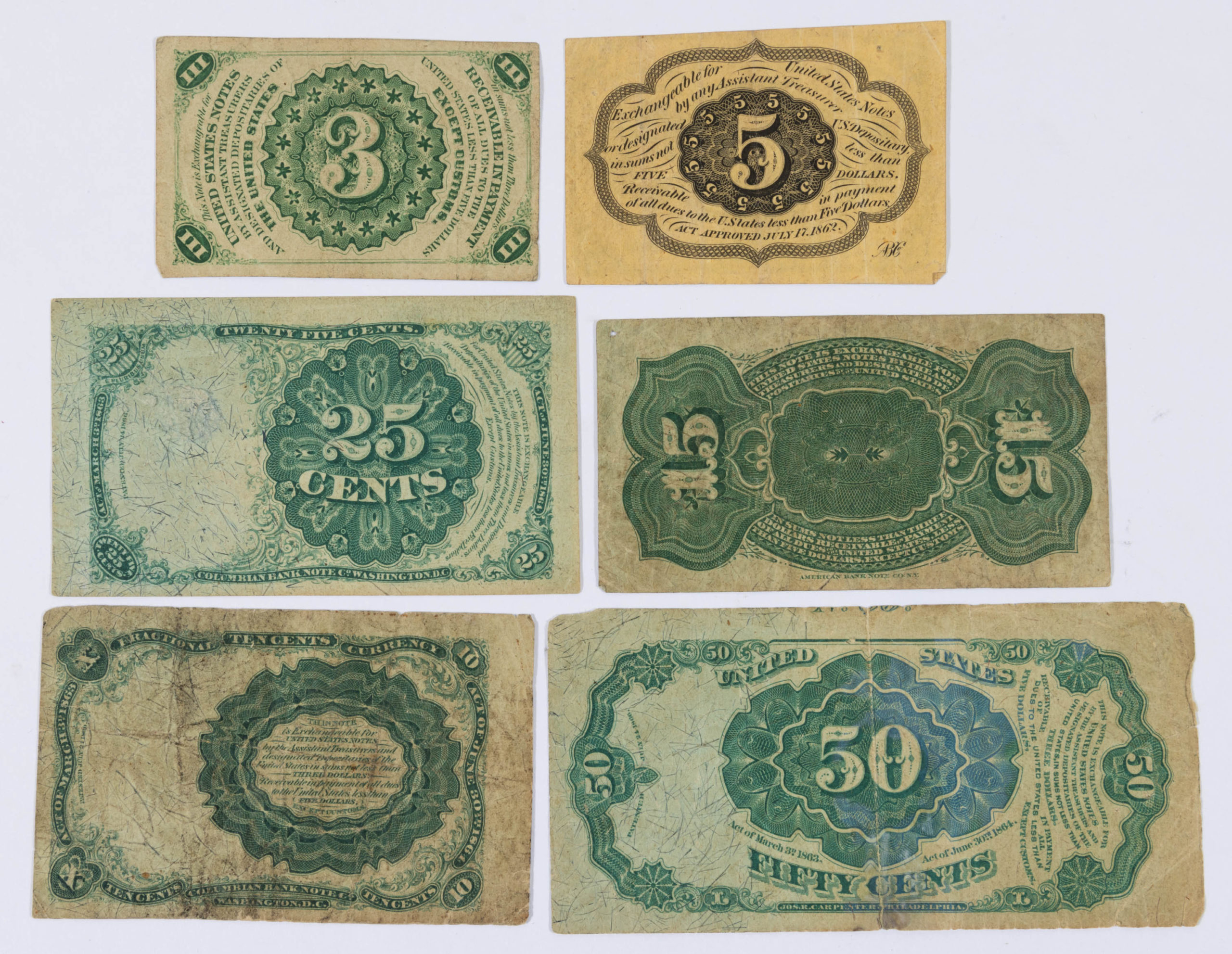 ASSORTED UNITED STATES FRACTIONAL OBSOLETE CURRENCY / NOTES, LOT OF SIX,