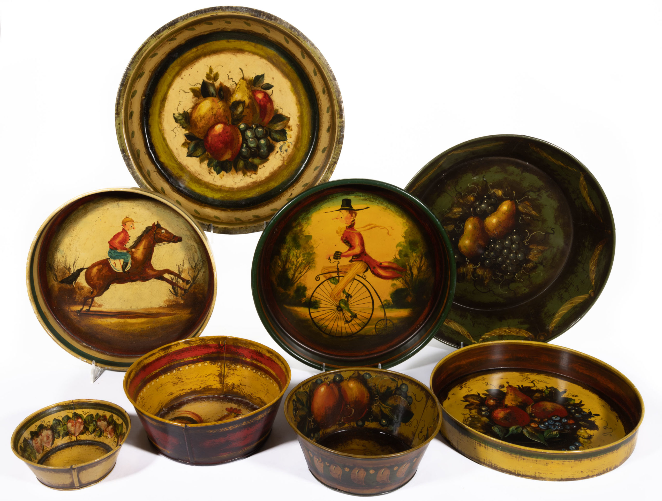 PETER OMPIR (AMERICAN, 1904-1979) PAINT-DECORATED FOLK ART TOLEWARE ARTICLES, LOT OF EIGHT,