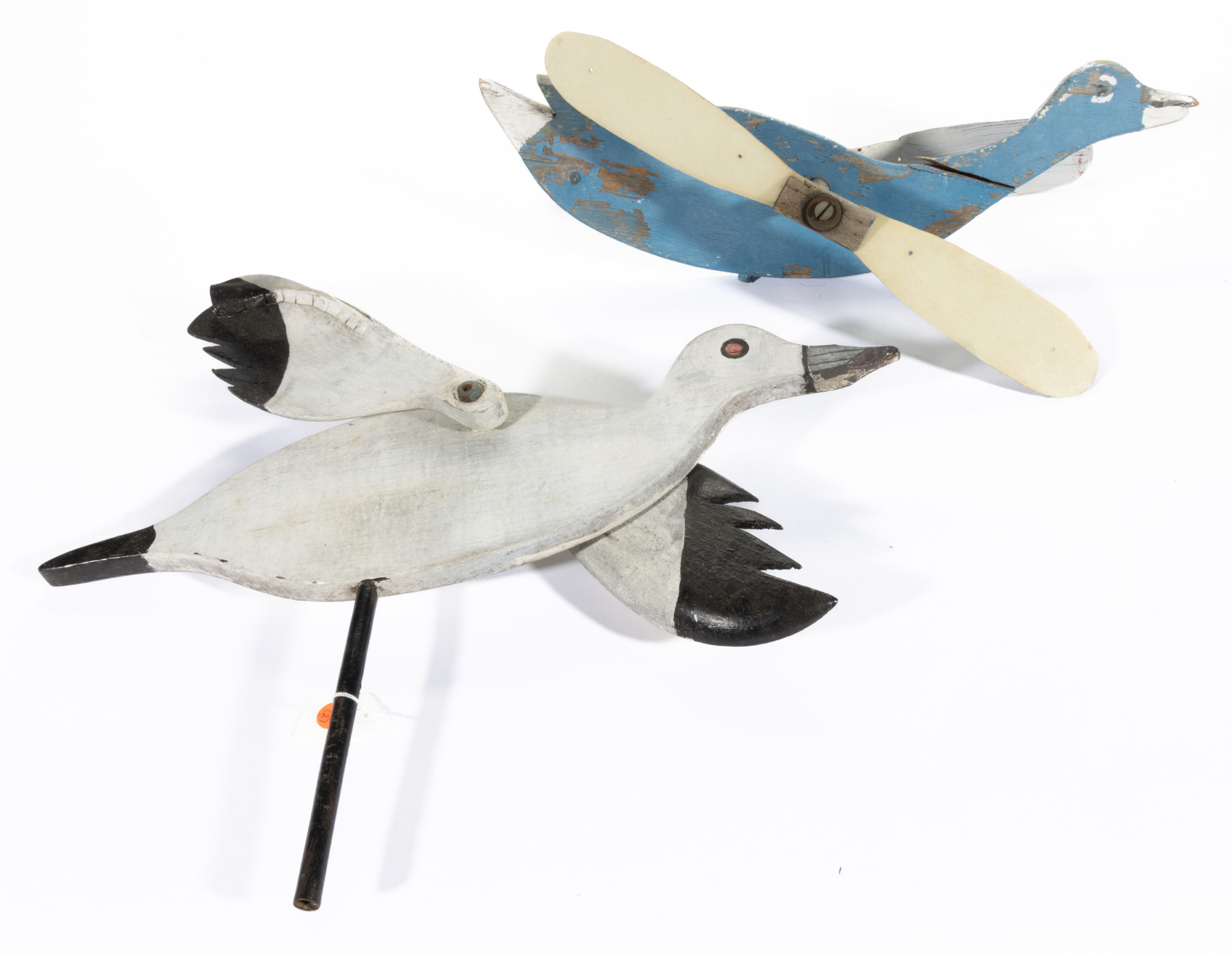 AMERICAN FOLK ART PAINTED DUCK WHIRLIGIGS, LOT OF TWO,