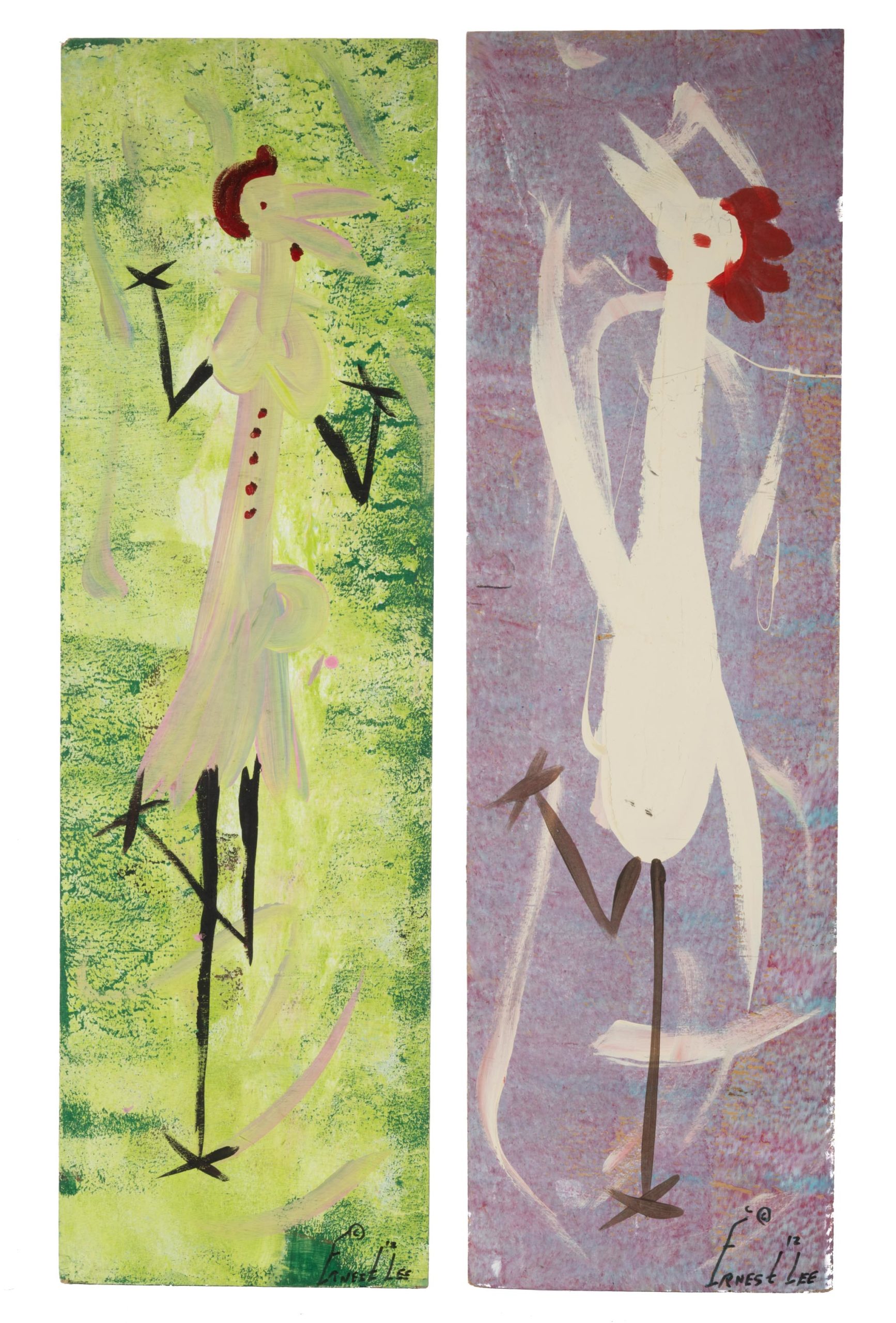 ERNEST LEE (SOUTH CAROLINA, 20TH / 21ST CENTURY) OUTSIDER ART CHICKEN PAINTINGS, LOT OF TWO,
