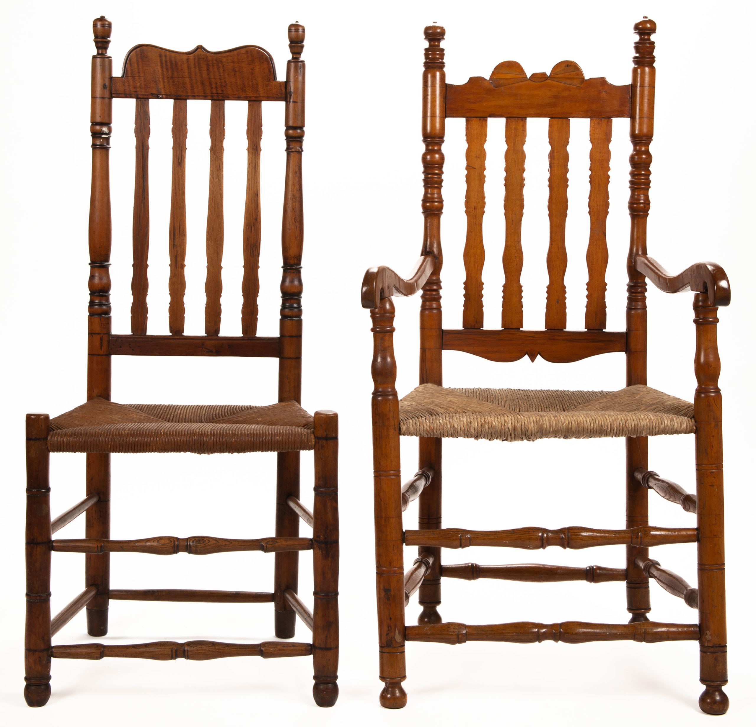 NEW ENGLAND FIGURED MAPLE BANNISTER-BACK CHAIRS, LOT OF TWO,