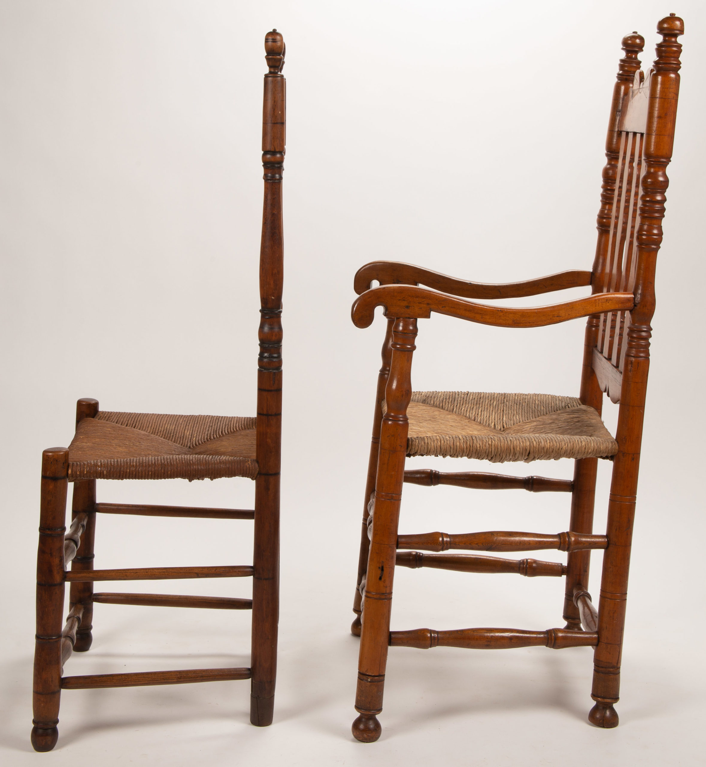 NEW ENGLAND FIGURED MAPLE BANNISTER-BACK CHAIRS, LOT OF TWO,