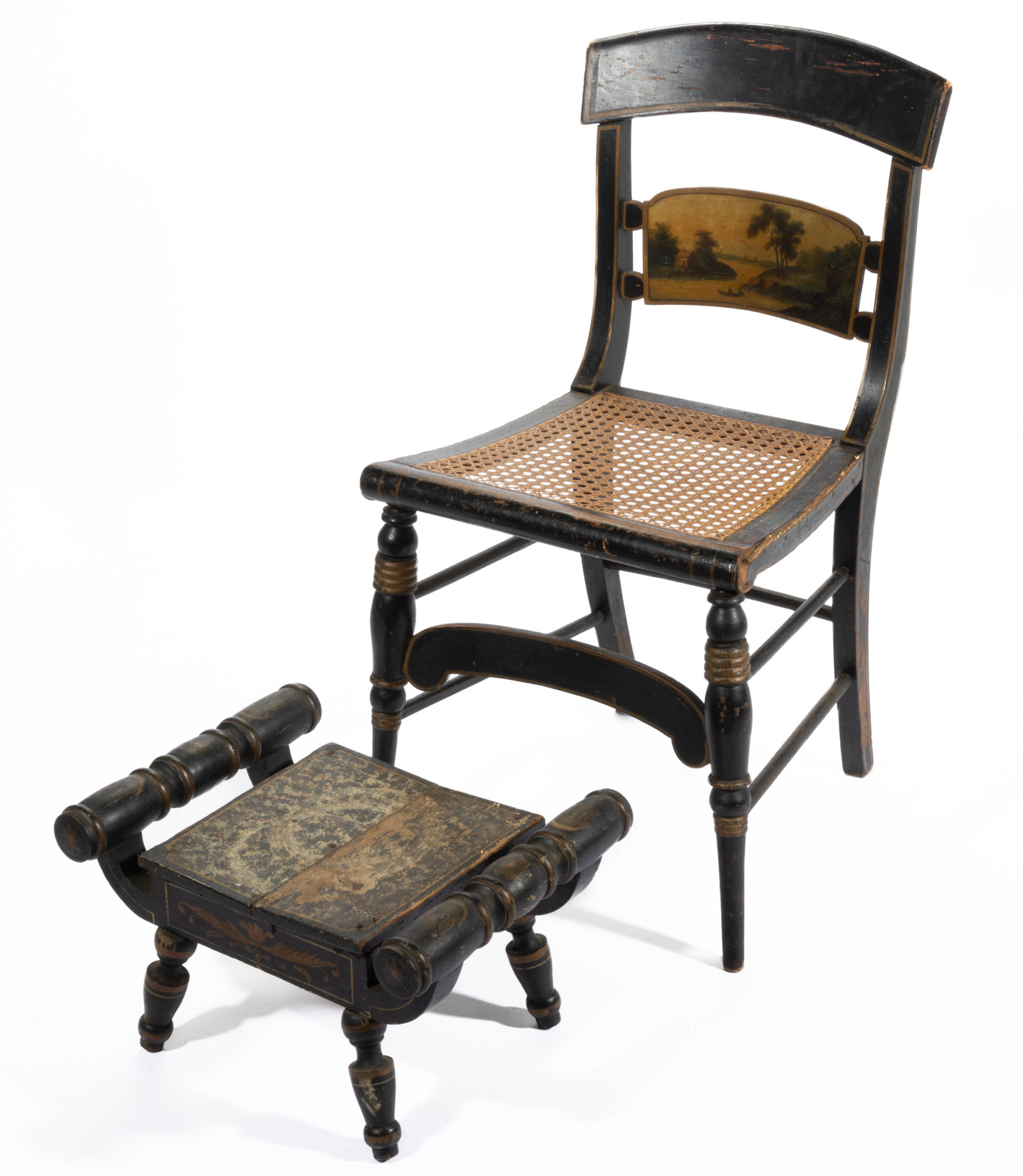 NEW YORK OR BALTIMORE, MARYLAND PAINT-DECORATED FANCY SIDE CHAIR AND STOOL,