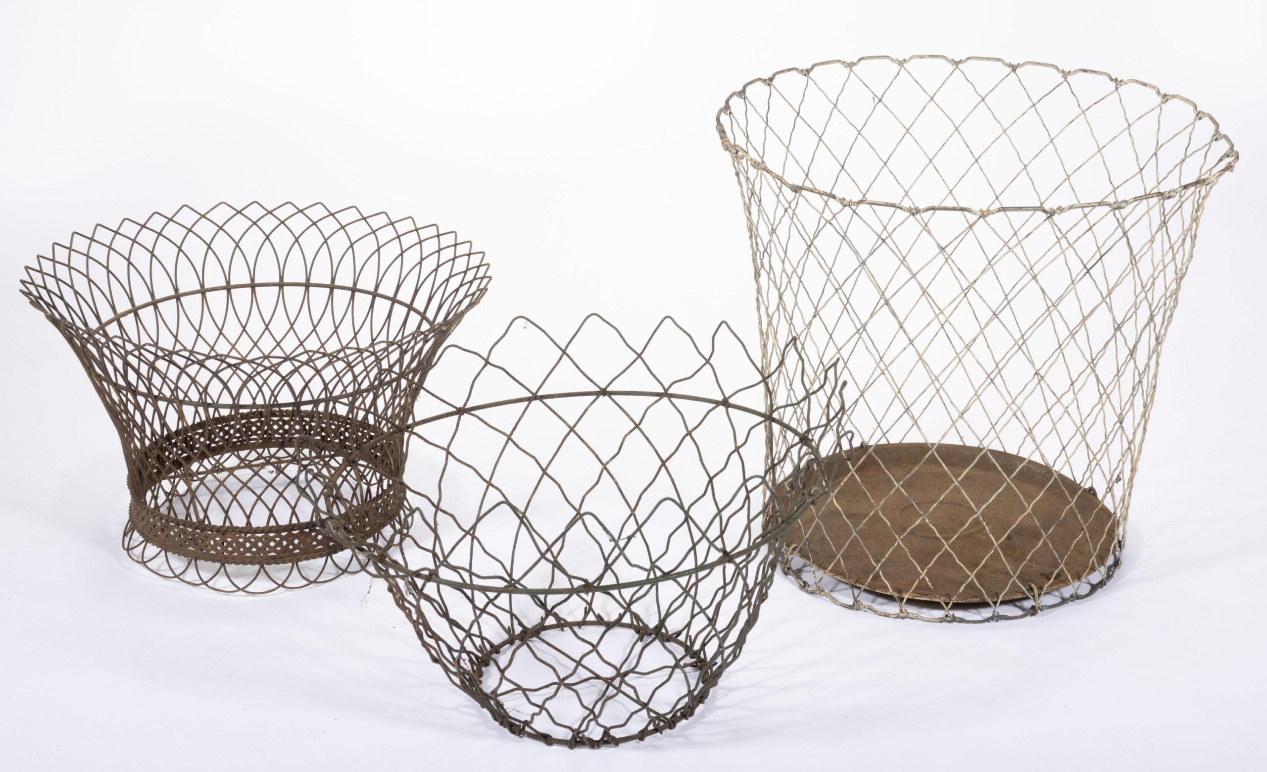 METAL WIRE BASKETS, LOT OF THREE,