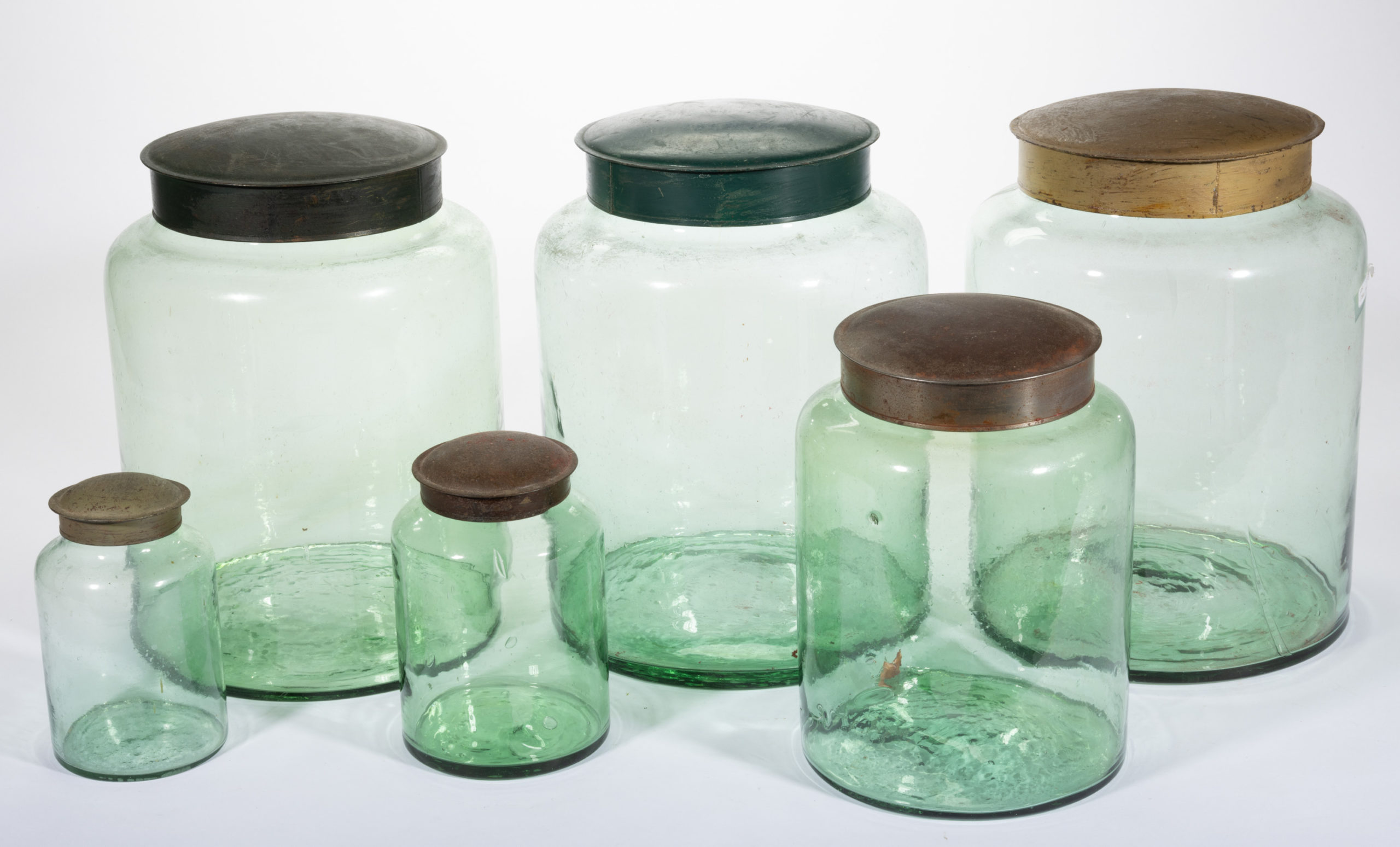 FREE-BLOWN GLASS STORAGE / APOTHECARY JARS, LOT OF SIX,