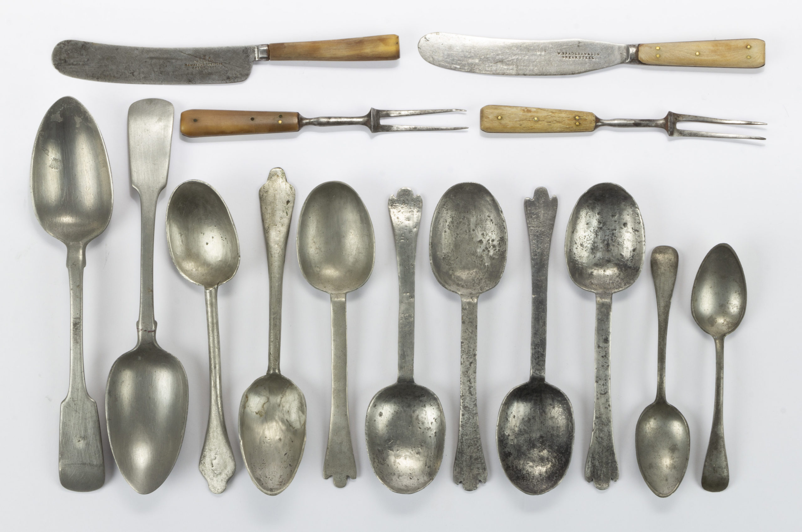 ASSORTED ENGLISH PEWTER UTENSILS, LOT OF 15,
