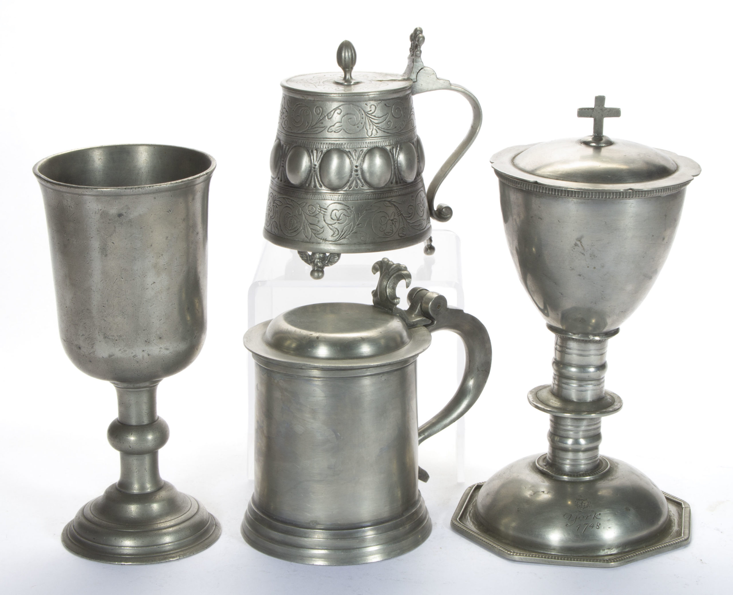 ASSORTED REVIVALIST PEWTER TABLE ARTICLES, LOT OF FOUR,