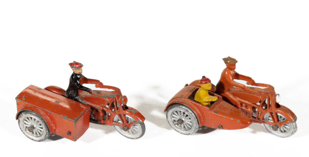 TOOTSIETOY DIE CAST METAL TOY MOTORCYCLES, LOT OF TWO,