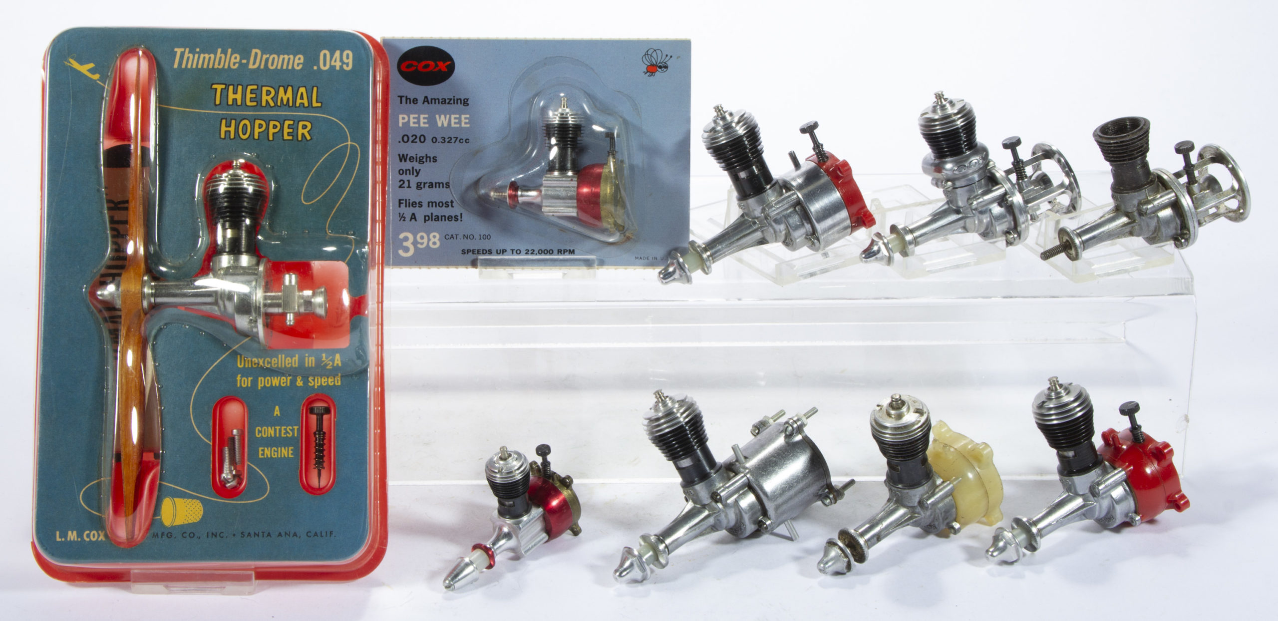L. M. COX MANUFACTURING CO. ASSORTED .020 and .049 THIMBLE DRONE MODEL AIRPLANE ENGINES, LOT OF NINE,