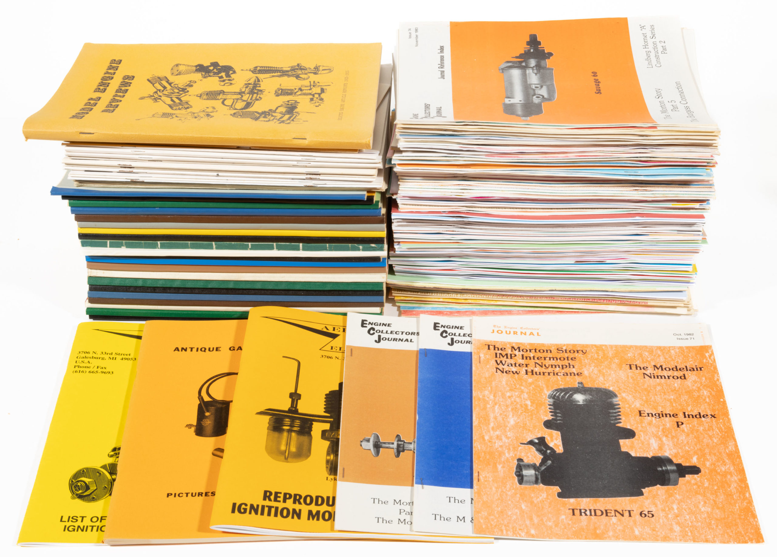 ASSORTED MODEL AIRPLANE ENGINE JOURNALS AND EPHEMERA, UNCOUNTED LOT,