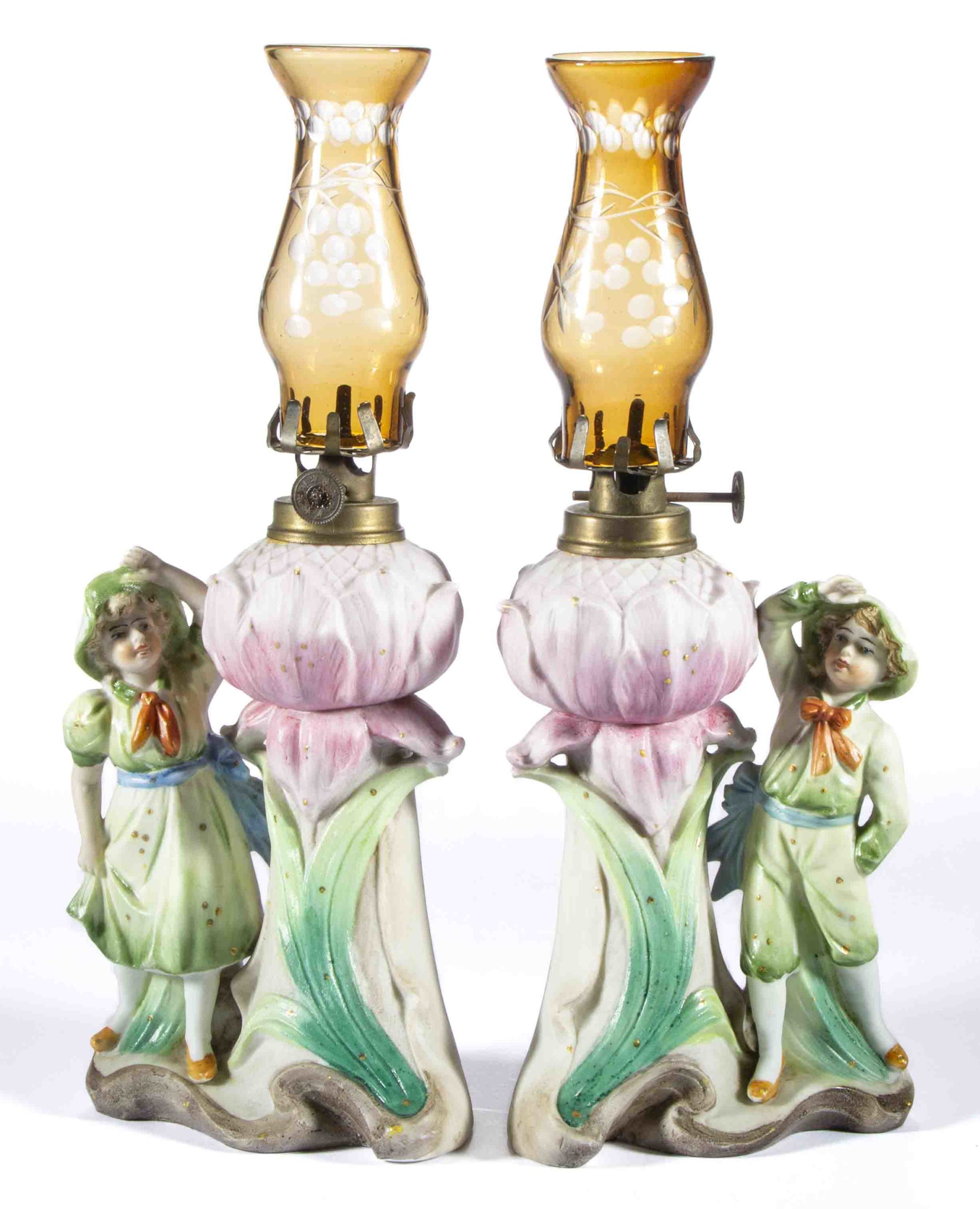 VICTORIAN CERAMIC FIGURAL MINIATURE LAMPS, SET OF TWO,
