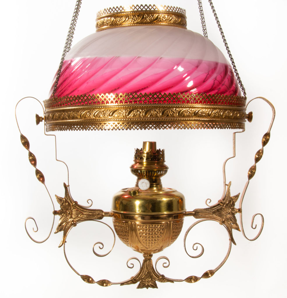 VICTORIAN SWIRL KEROSENE HANGING / LIBRARY LAMP,