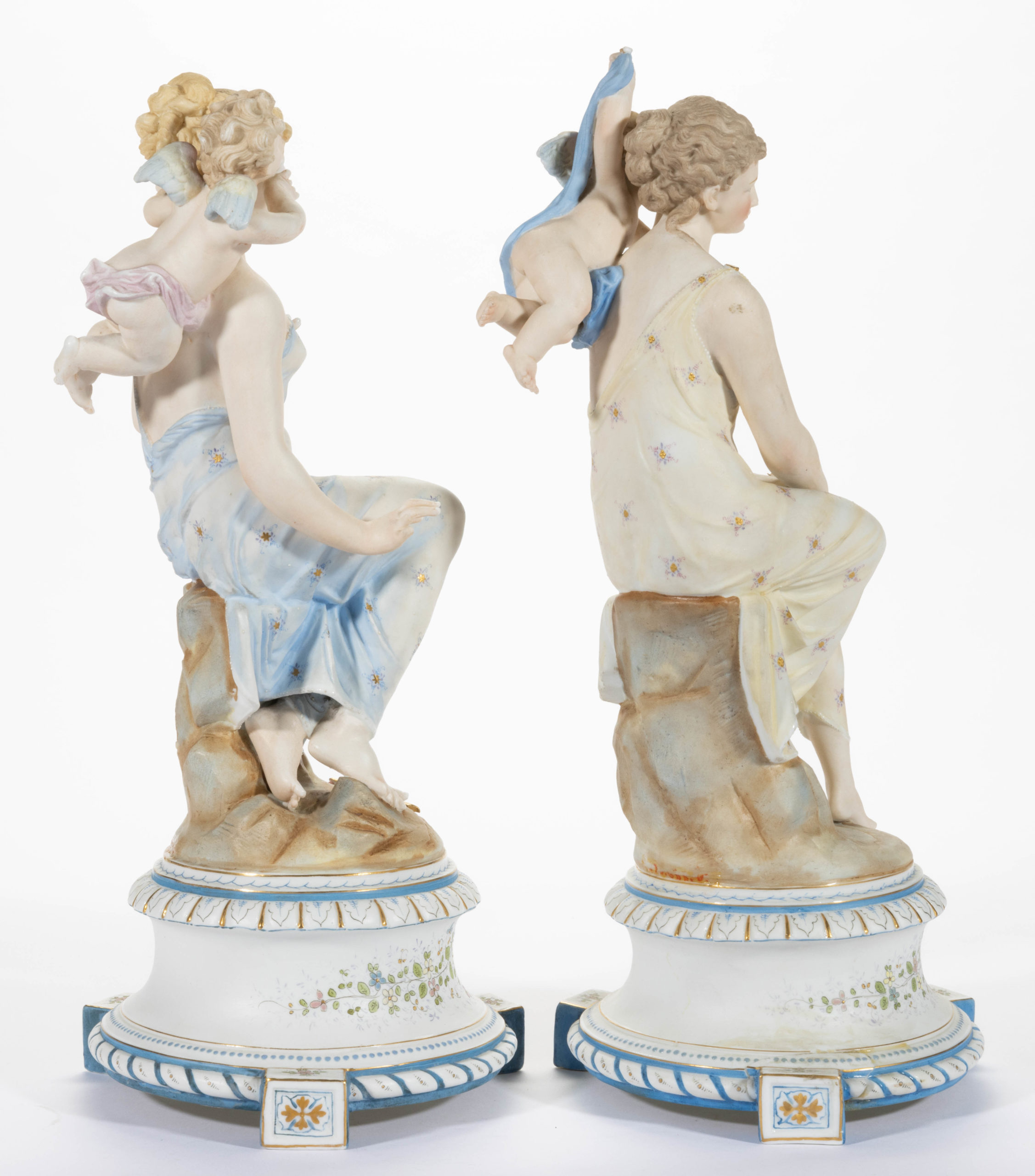 CONTINENTAL BISQUE PORCELAIN WOMEN FIGURAL PAIRS, LOT OF TWO,