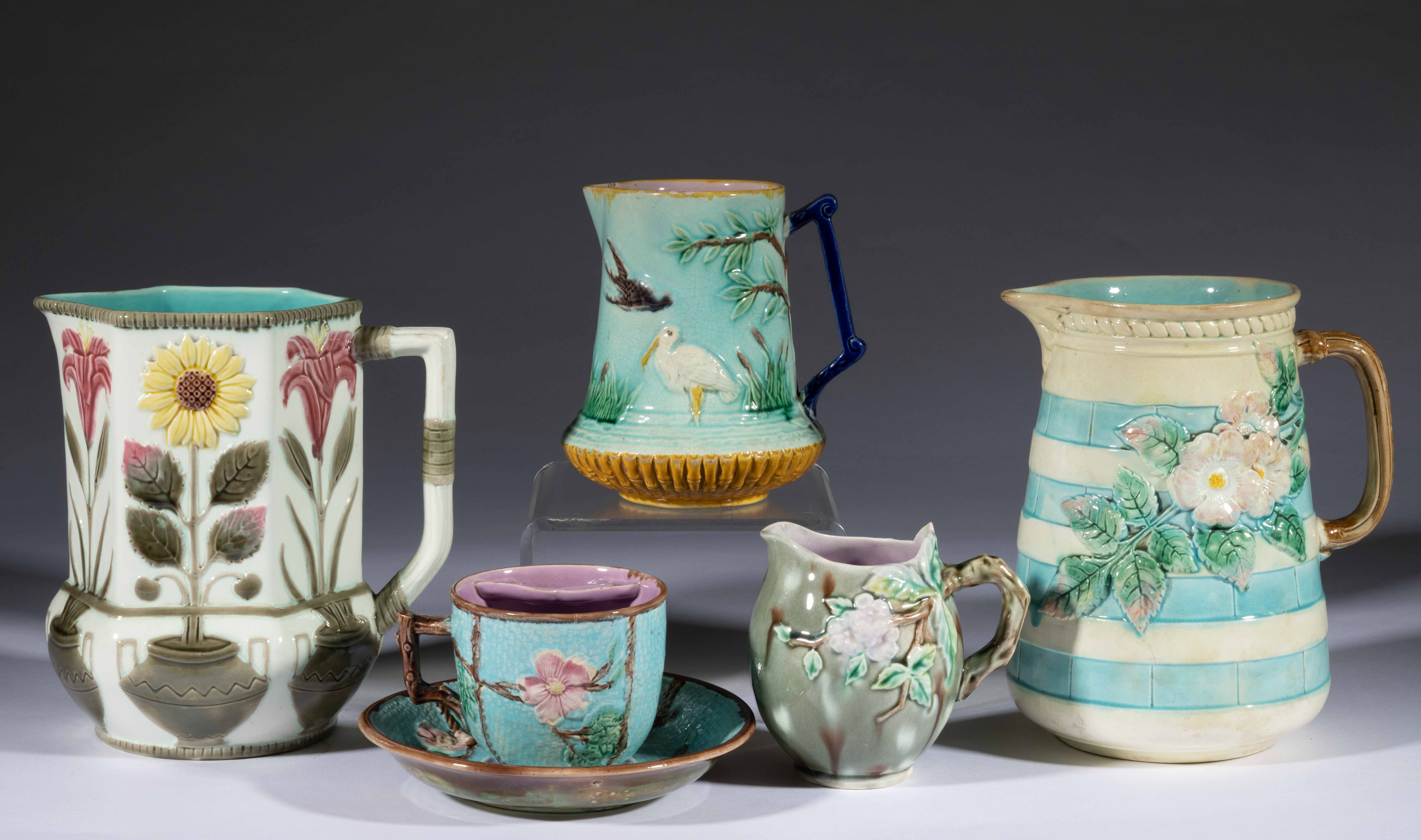 AMERICAN / ENGLISH MAJOLICA CERAMIC DRINKING ARTICLES, LOT OF SIX,