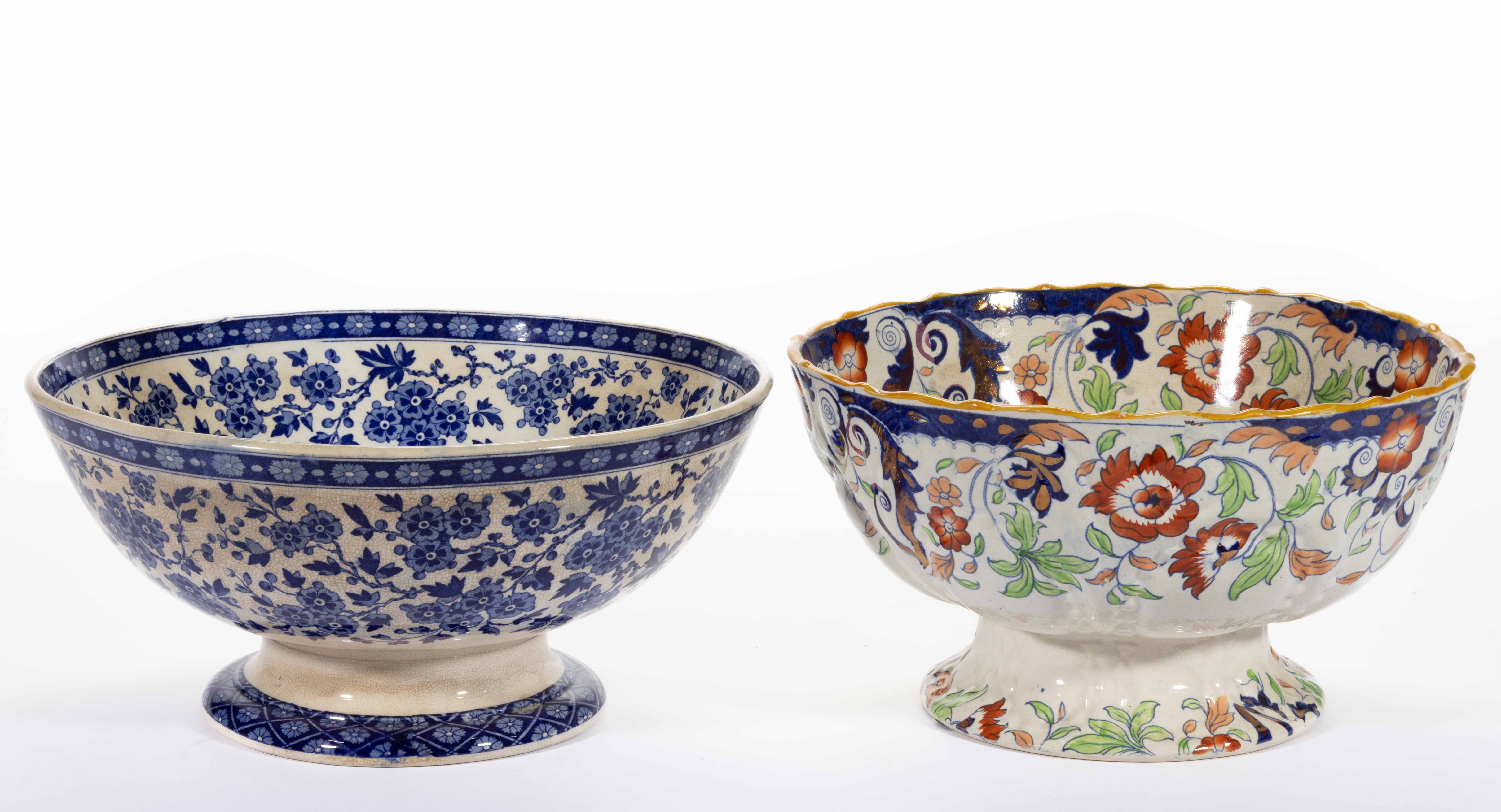 ENGLISH STAFFORDSHIRE TRANSFER-PRINTED CERAMIC PUNCH BOWLS, LOT OF TWO,