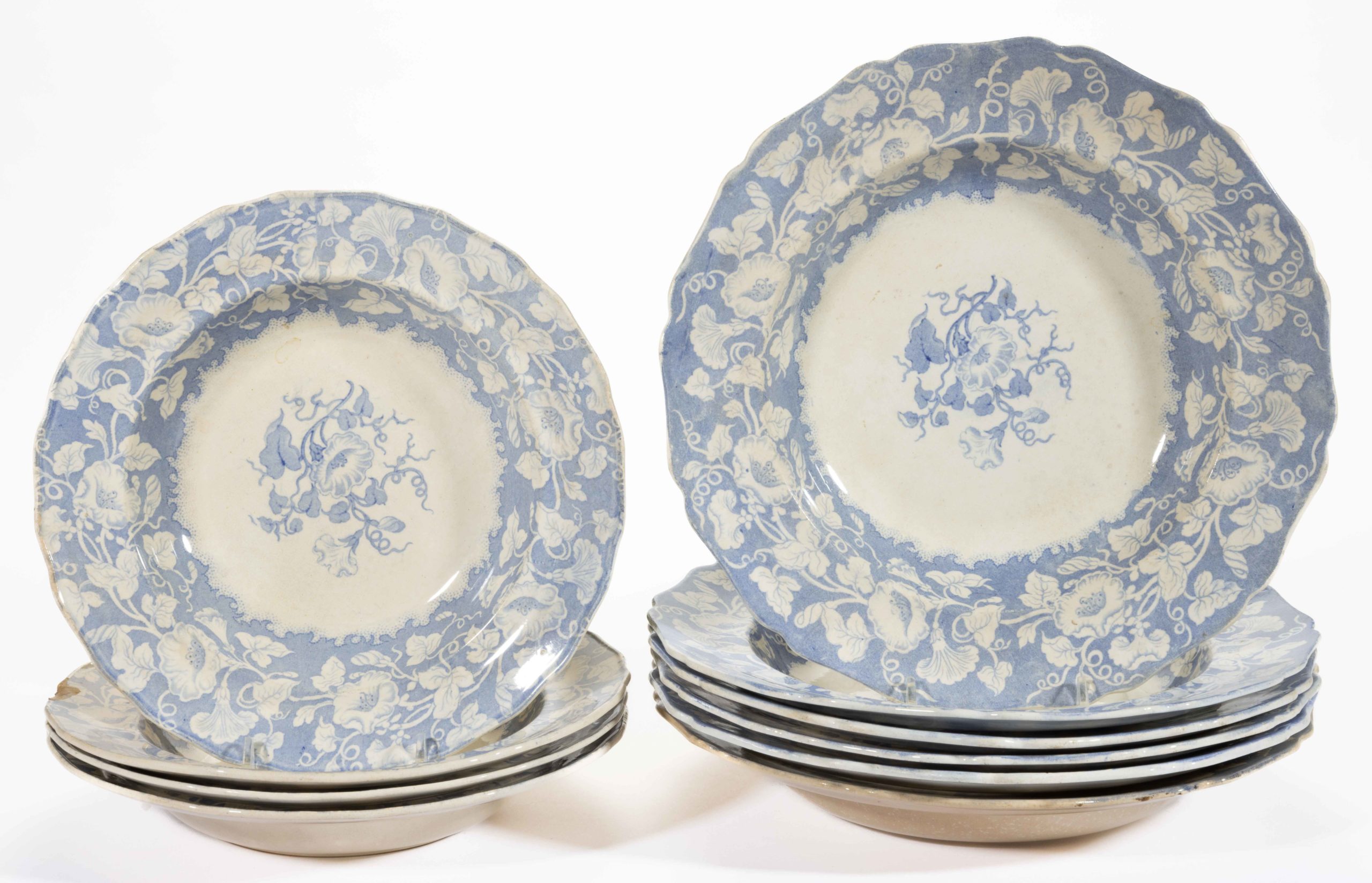 ENGLISH STAFFORDSHIRE TRANSFER-PRINTED FLORAL MOTIF SOUP PLATES, SET OF TEN,