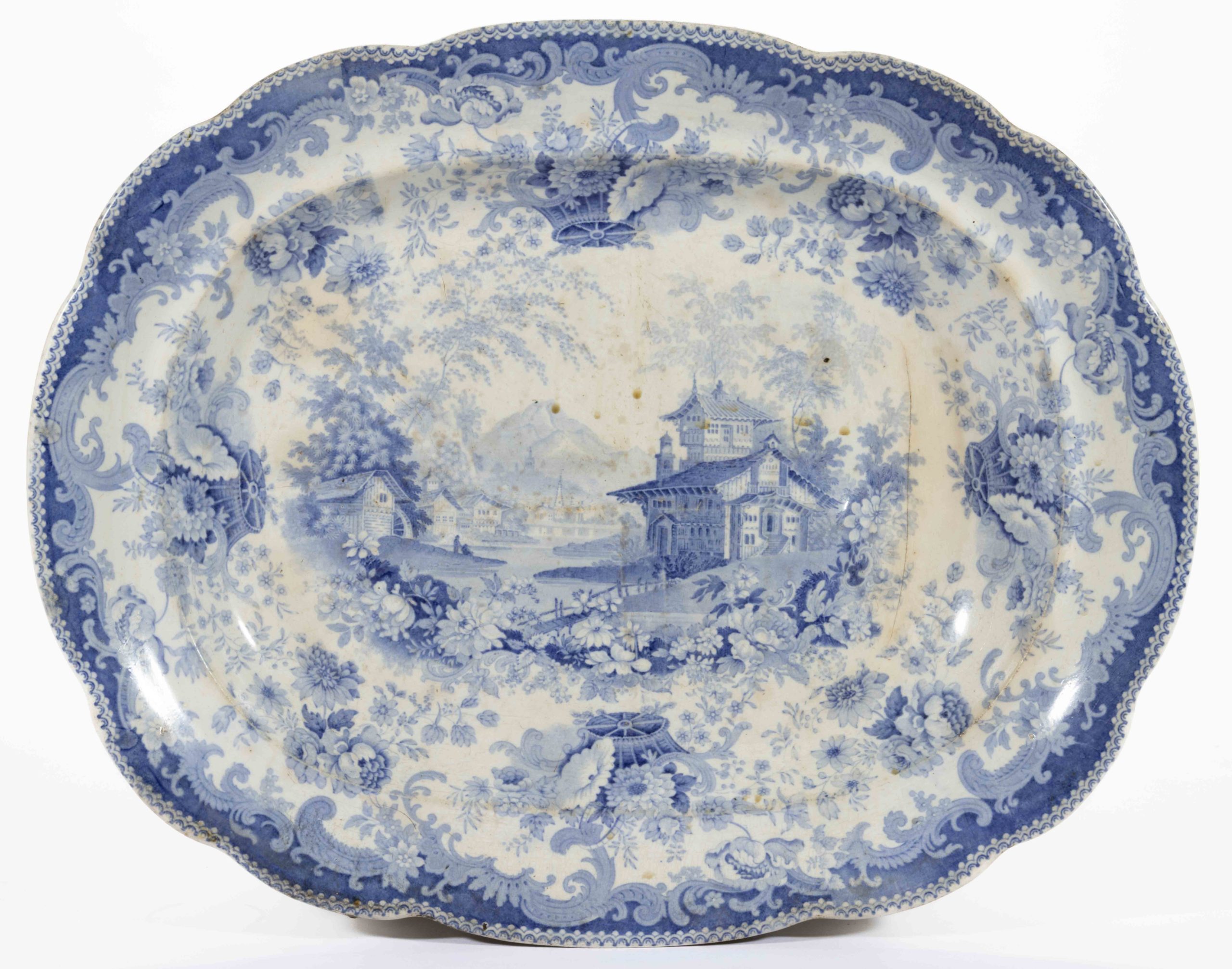 ENGLISH STAFFORDSHIRE TRANSFER-PRINTED PLATTERS, LOT OF THREE,