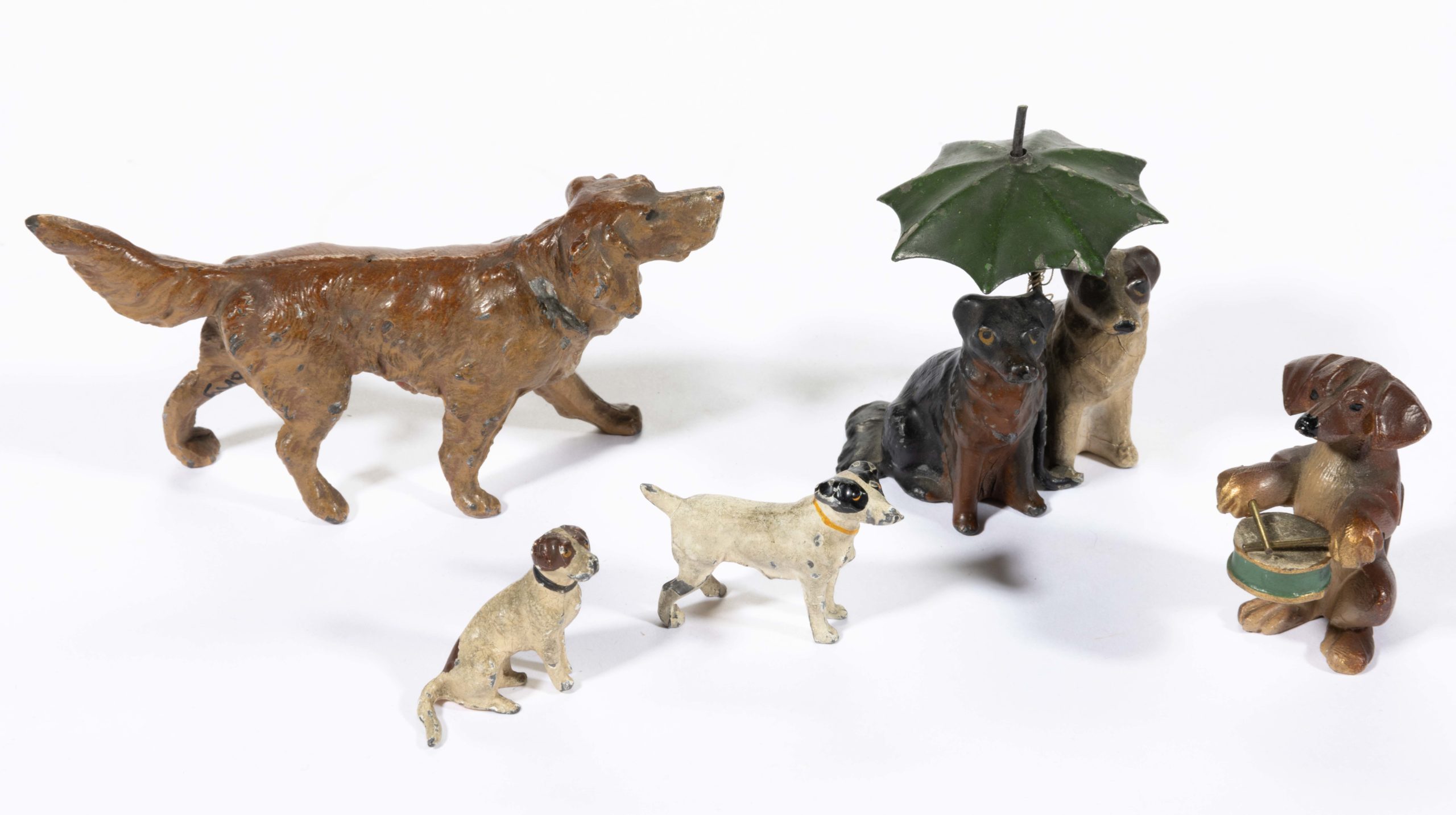 ASSORTED COLD-PAINTED METAL FIGURAL DOGS, LOT OF FIVE,