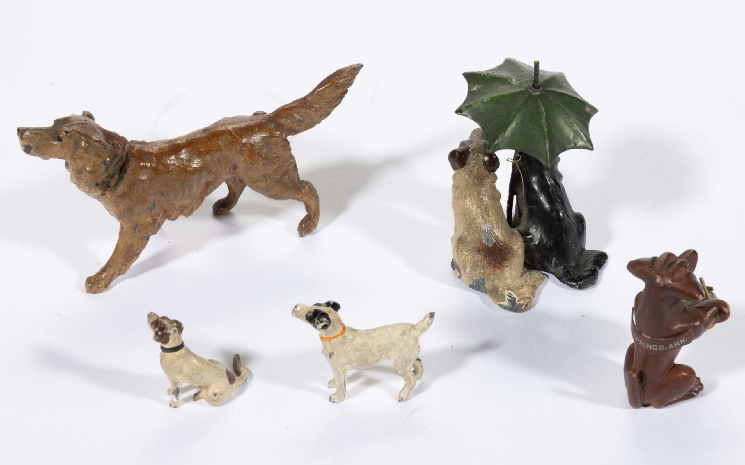 ASSORTED COLD-PAINTED METAL FIGURAL DOGS, LOT OF FIVE,