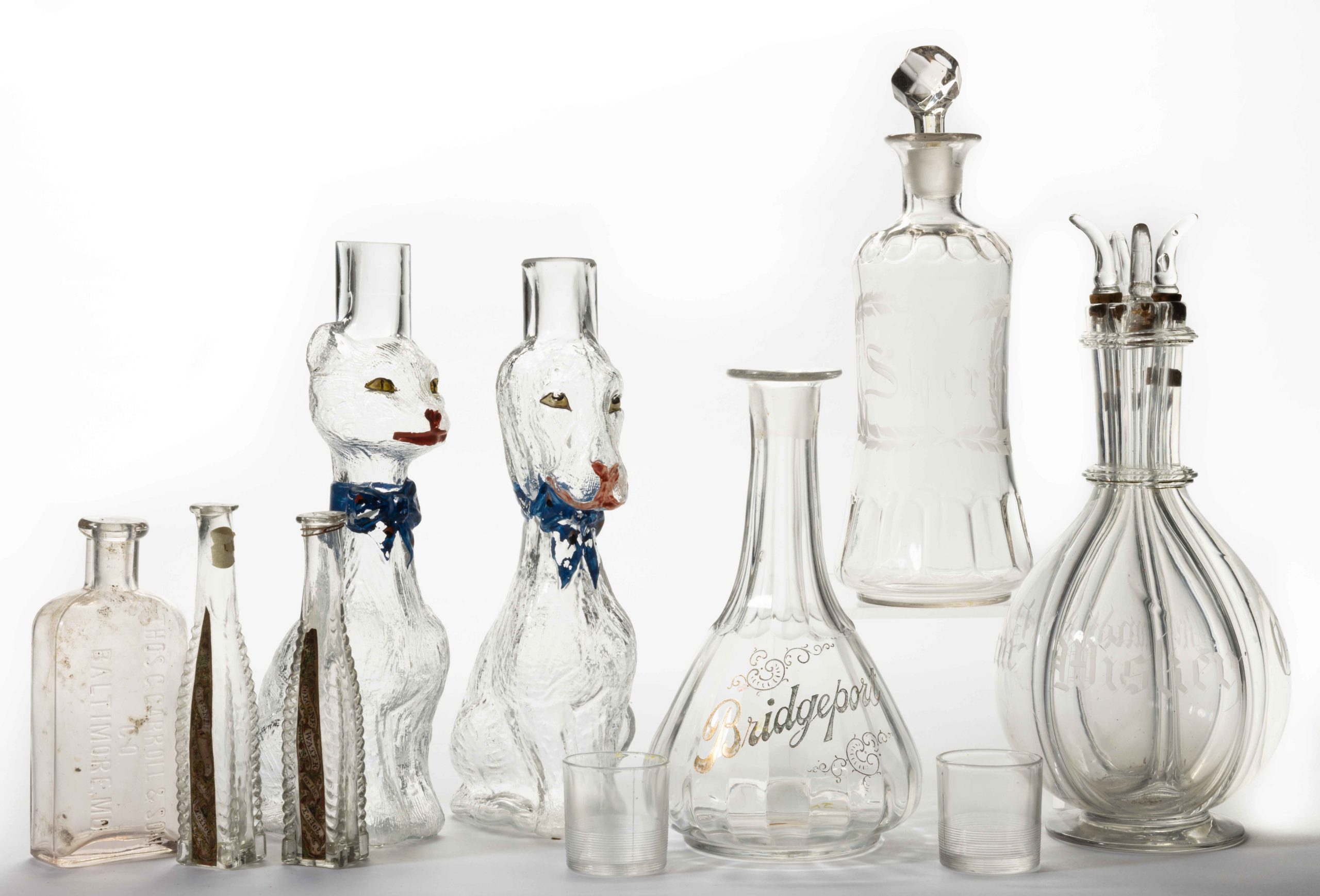 ASSORTED GLASS BOTTLES / DECANTERS, LOT OF EIGHT,