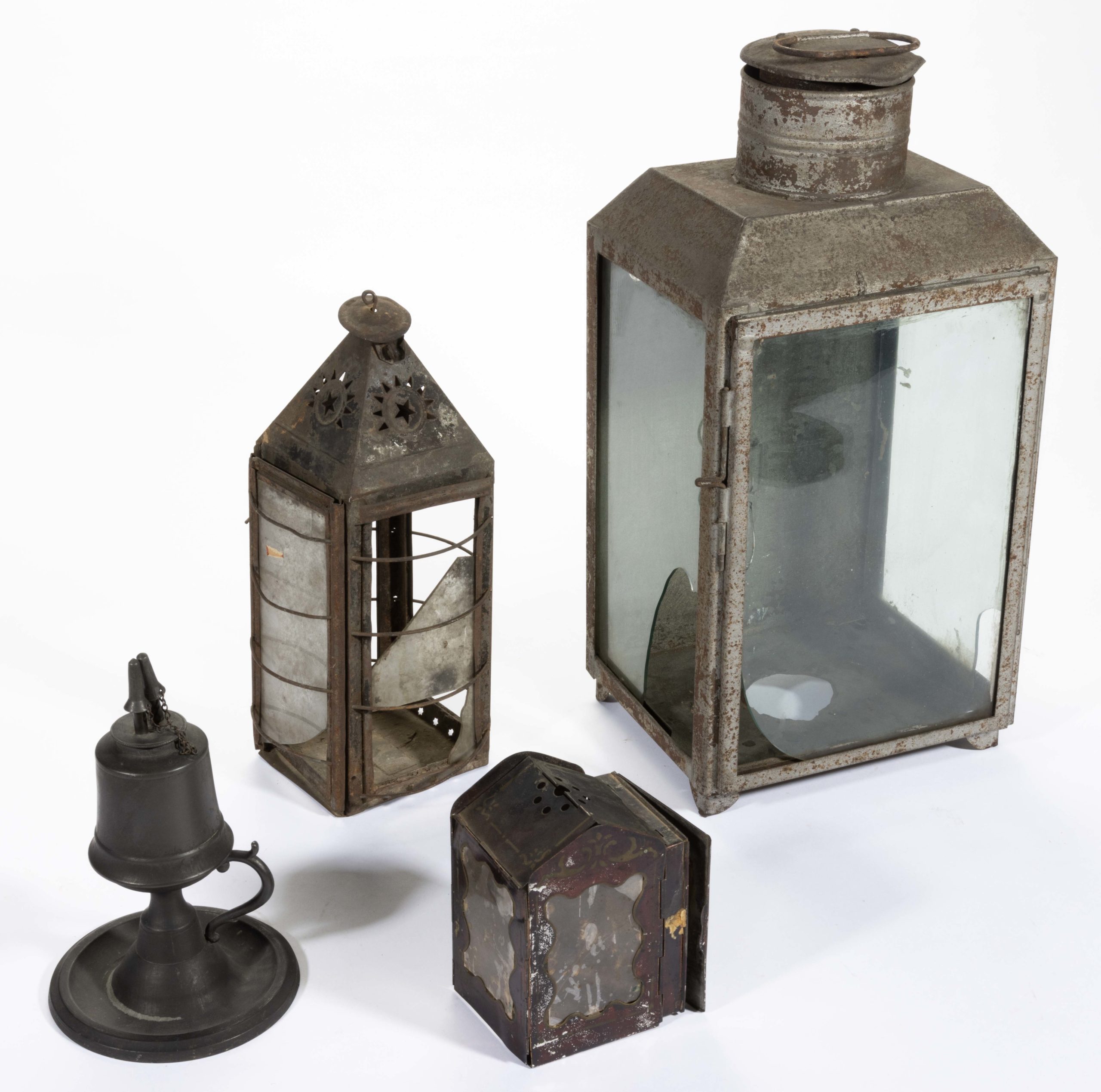ASSORTED SHEET-IRON / PEWTER LIGHTING ARTICLES, LOT OF FOUR,